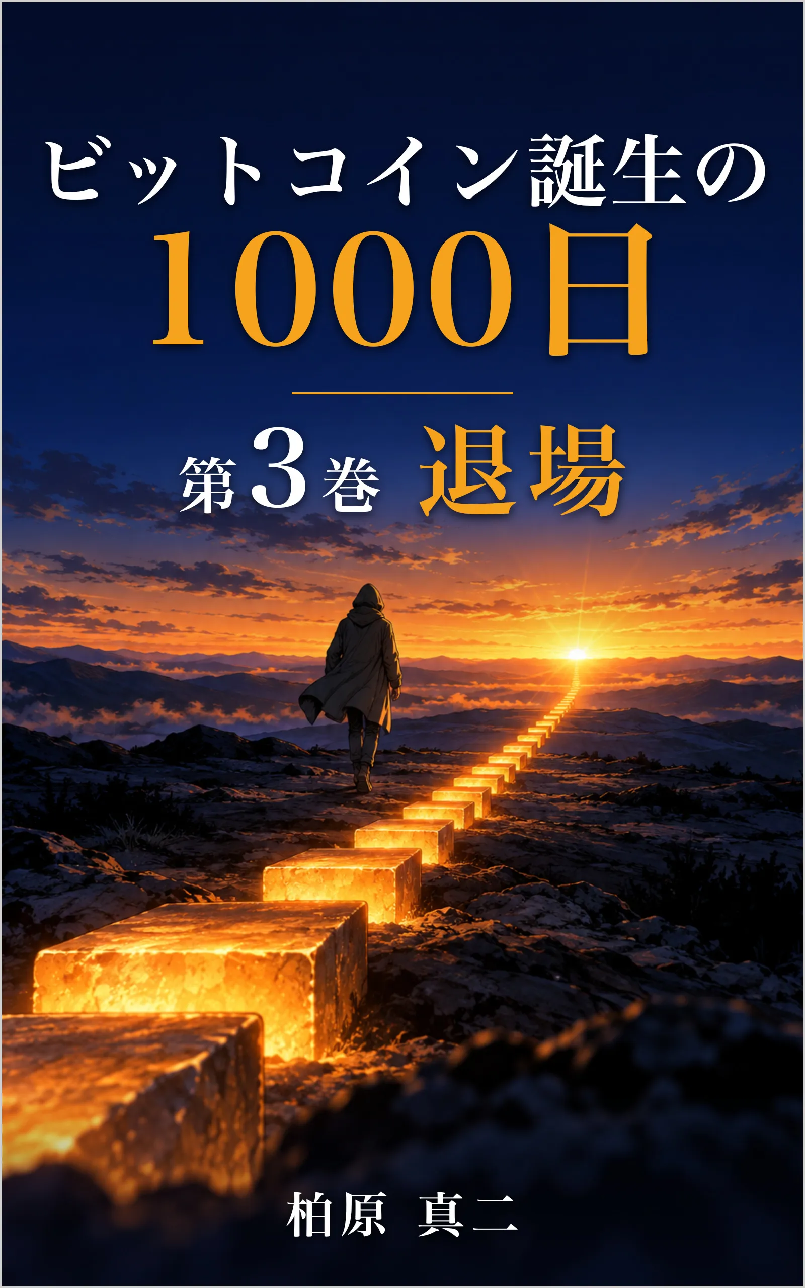 夕焼けの山並みへ、光る石の列に沿って歩き去るフードの人物の後ろ姿。上に書名と「第3巻」「退場」の文字、下に著者名