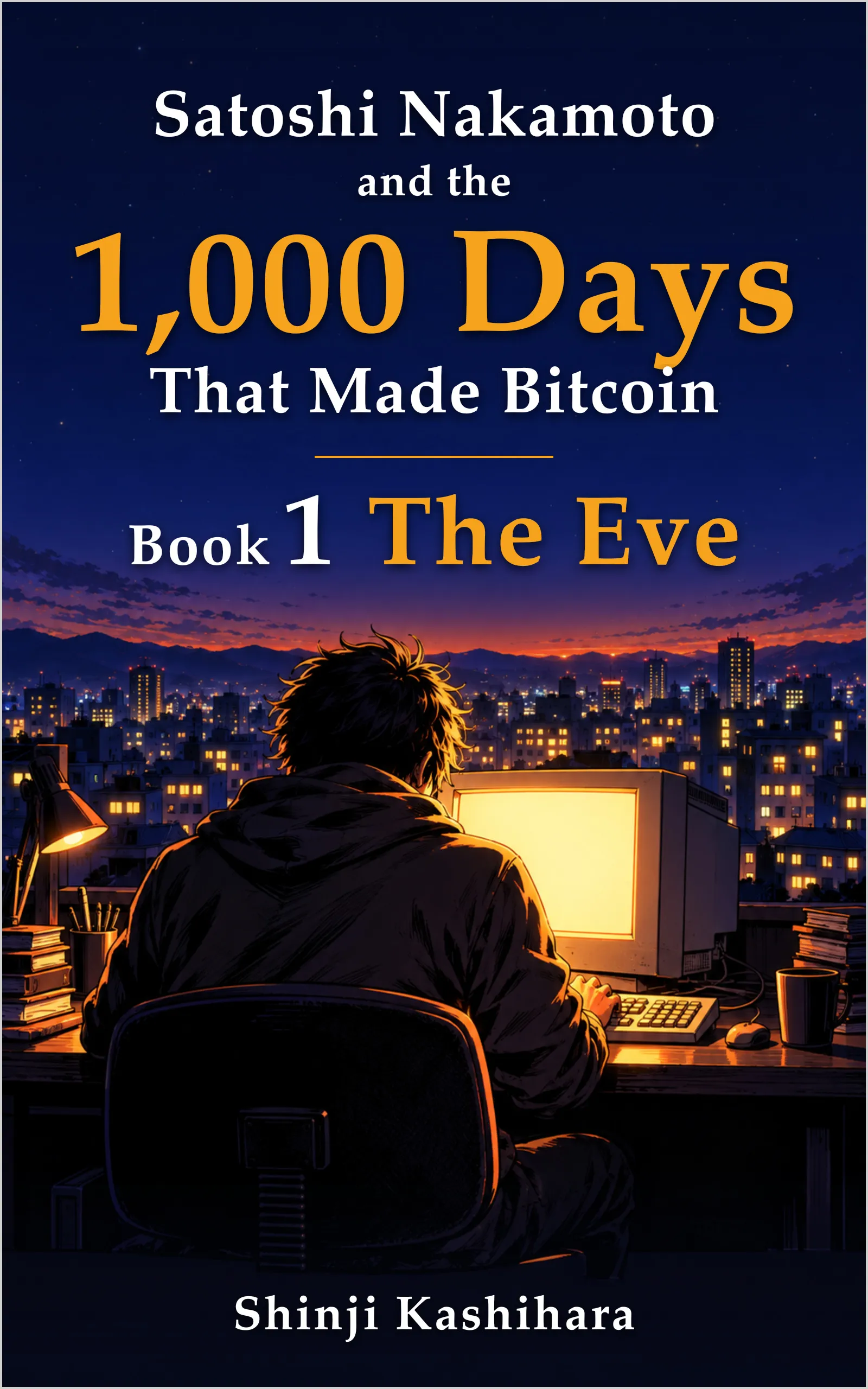 Seen from behind, a person at a desk faces an old computer, with the lights of a city at night beyond the window. The series title, "Book 1" and "The Eve" above, the author's name below