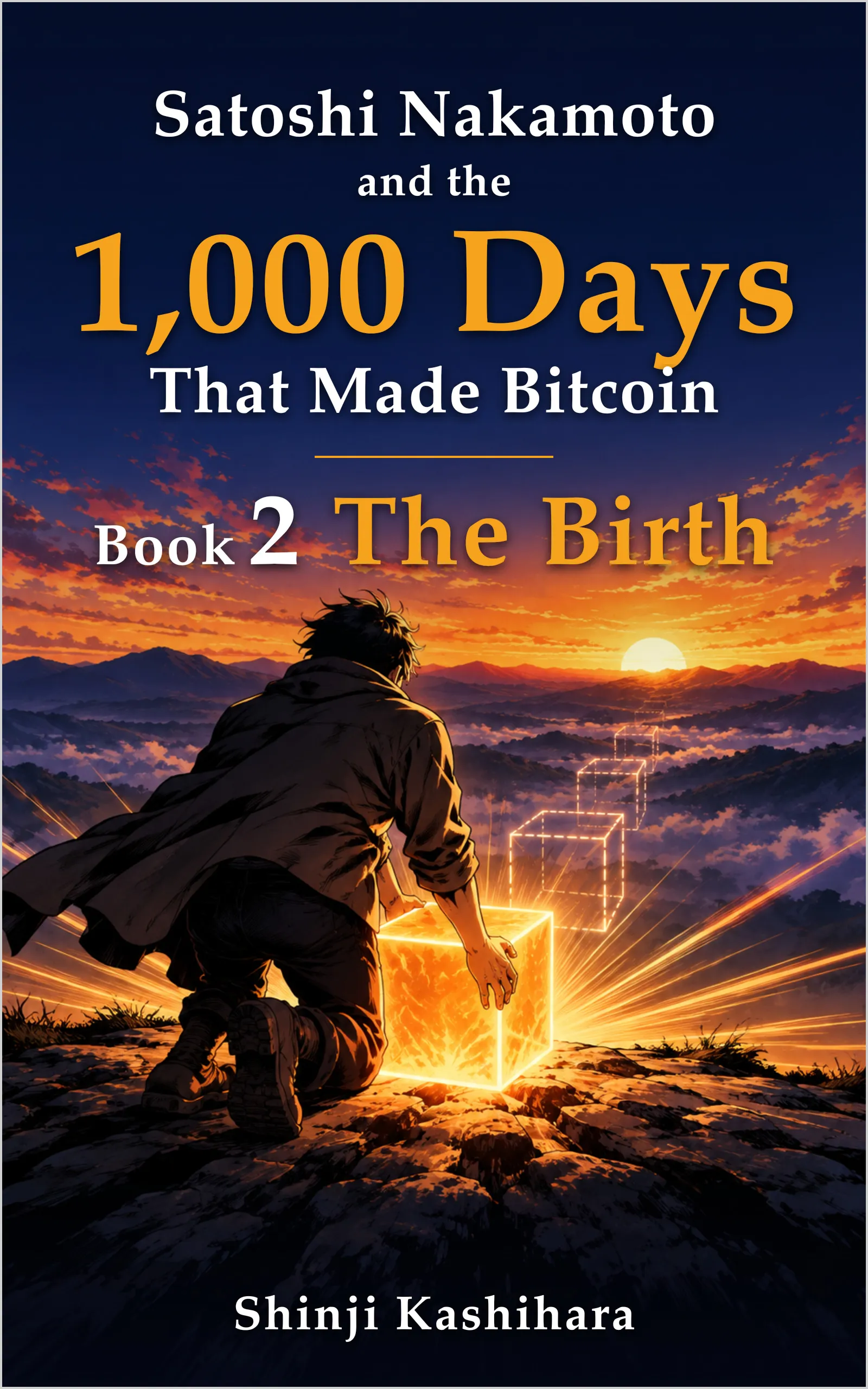 Seen from behind, a person kneels on a mountaintop at sunset with both hands on a glowing cube, and a line of outlined cubes runs on beyond it. The series title, "Book 2" and "The Birth" above, the author's name below
