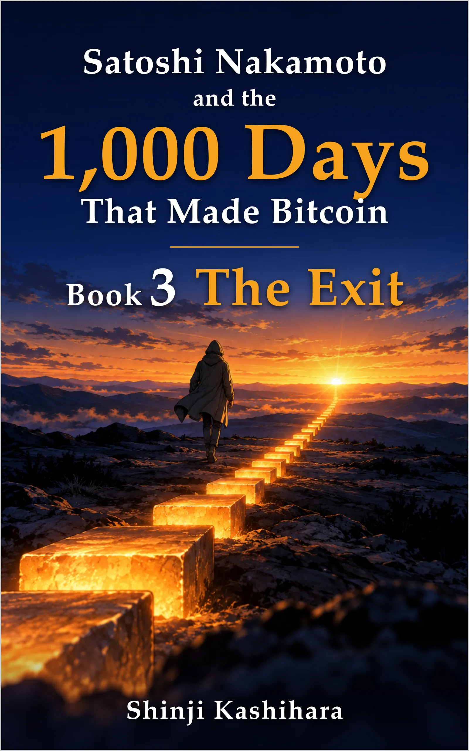 Seen from behind, a hooded figure walks away along a line of glowing stones toward mountains at sunset. The series title, "Book 3" and "The Exit" above, the author's name below