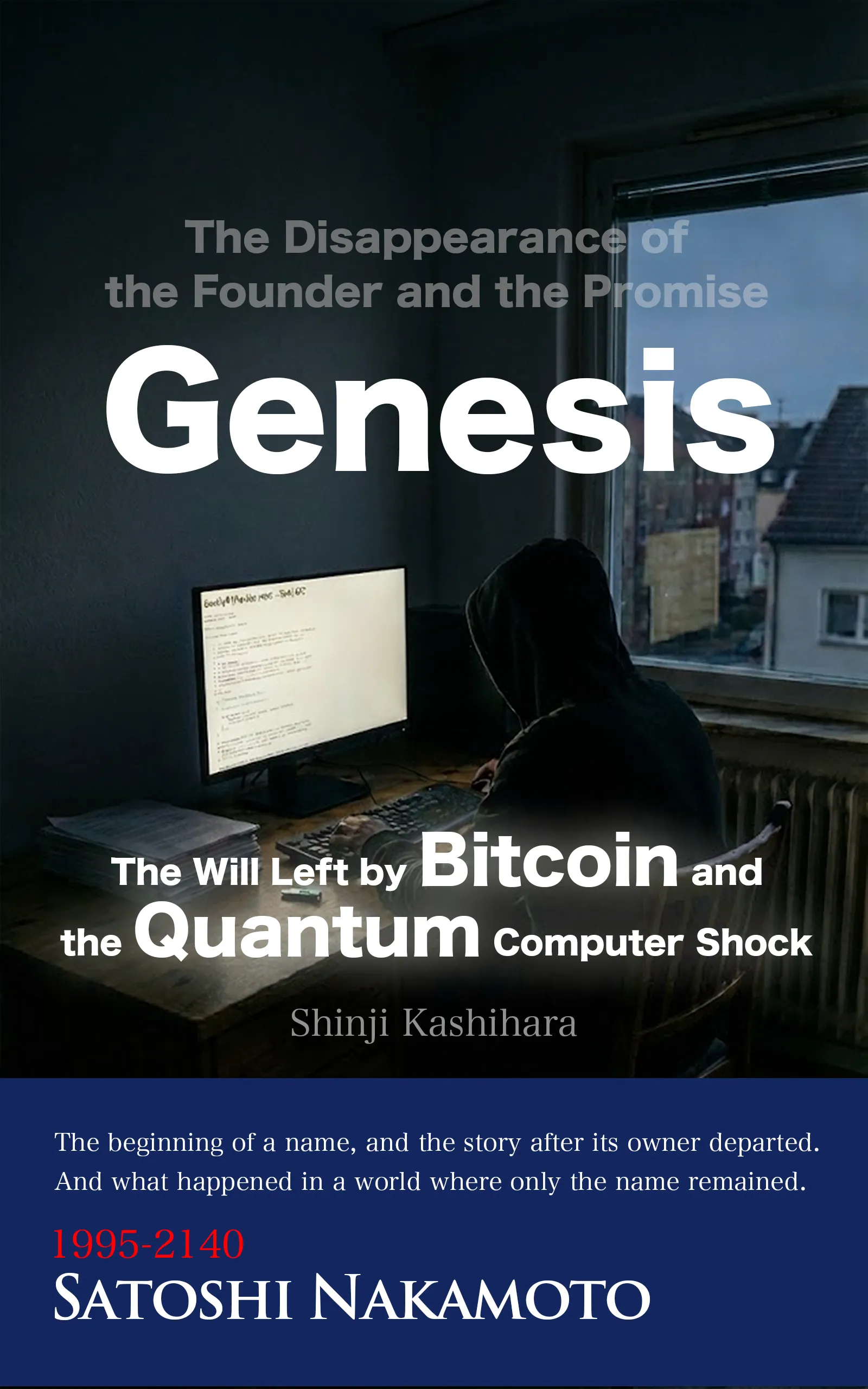 In a dark room, a hooded figure sits at an old computer by a window. The title Genesis and its subtitle above, the author's name in the middle, and a band at the bottom with 1995-2140 and the name Satoshi Nakamoto