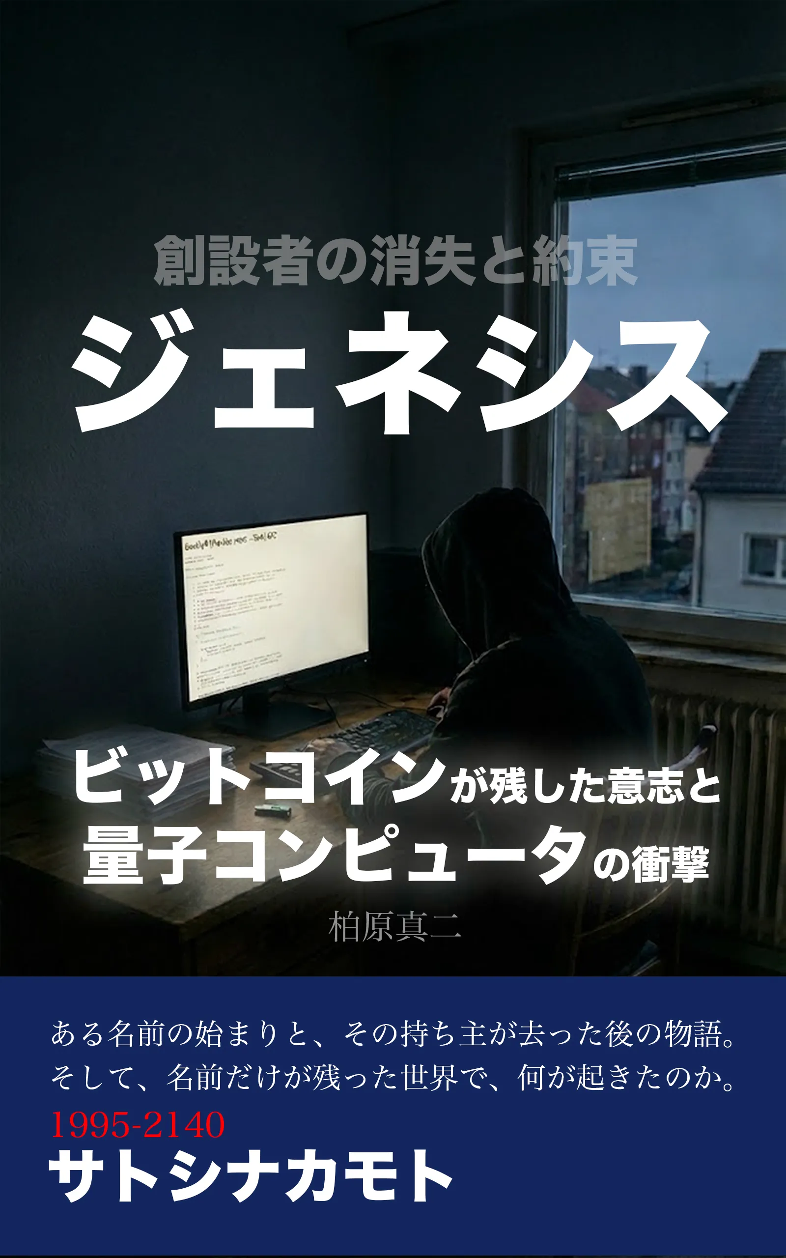 暗い部屋で、フードをかぶった人物が窓辺の古いパソコンに向かう。上に題「ジェネシス」と副題、中ほどに著者名、下の帯に1995-2140の年とサトシ・ナカモトの名