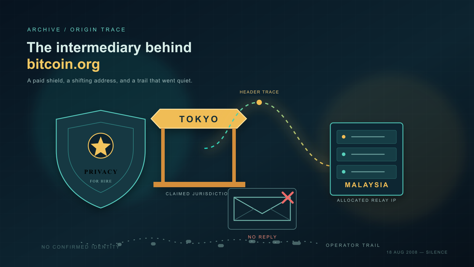 A dark diagram-style illustration with a privacy shield, a signpost, a dashed trail leading to a distant server rack, and a crossed-out envelope icon, evoking a paper trail that fades into silence.