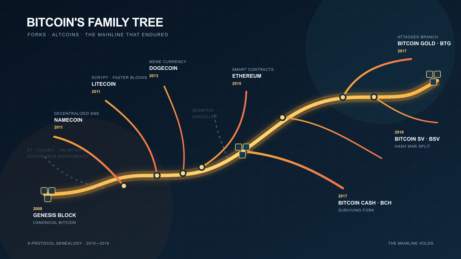 A branching timeline diagram on a dark background, showing a single thick glowing mainline splitting into thinner side branches labeled with fork and altcoin names and years, running from a genesis point to a cluster of later forks