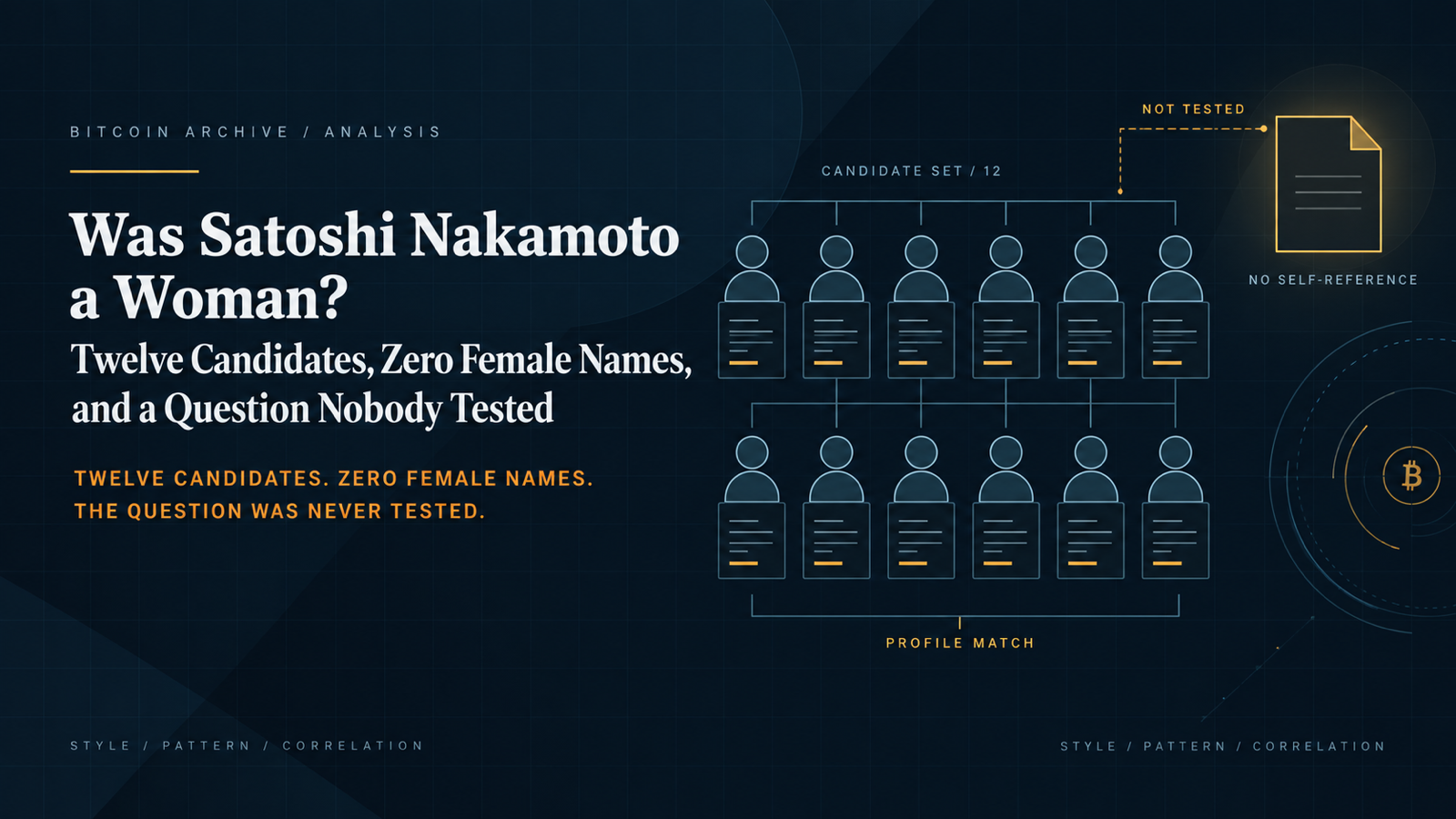 A silhouette at a keyboard, gender left deliberately ambiguous, facing a wall of twelve identical male-outline candidate cards, with one blank card set apart and unlabeled, on a dark editorial ground.