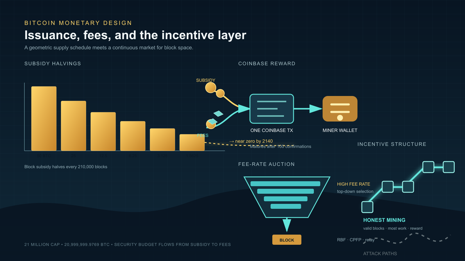 Dark infographic showing a descending staircase of shrinking halving bars fading into a dashed line, a coinbase-transaction diagram where coin and ticket icons merge into a wallet icon, an inverted funnel of horizontal bars narrowing into a block icon, and a rising staircase of connected nodes beside a jagged broken line