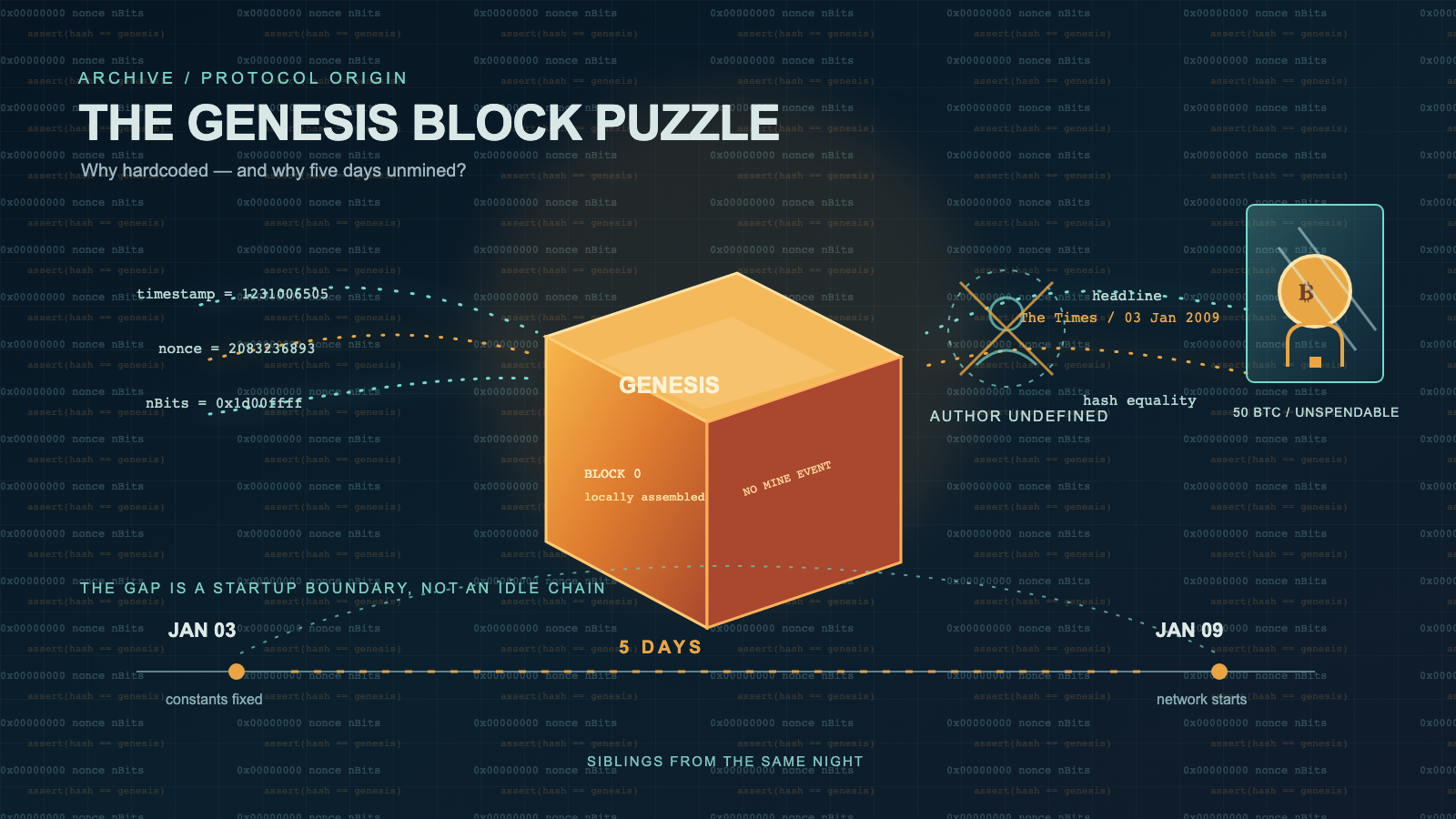 A glowing orange cube labeled "Genesis / Block 0" over a faint tiled background of code fragments (nonce, nBits, timestamp), with a crossed-out headline icon and a "5 DAYS" gap marker between two dates