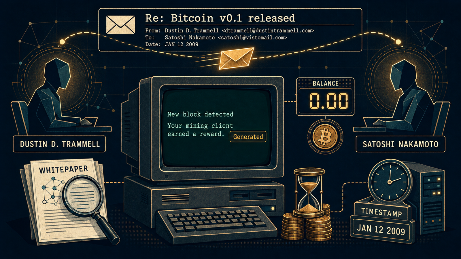 Illustration of two silhouetted figures exchanging an envelope across a vintage computer terminal showing a mining log, next to a coin balance display reading zero, an hourglass resting on a stack of coins, and a whitepaper document beside a clock marking the date.