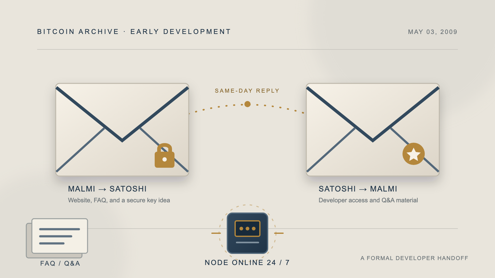 Two envelope icons linked by a dotted reply line, one marked with a padlock and the other with a star badge, alongside a small always-on device icon and a stack of FAQ pages.