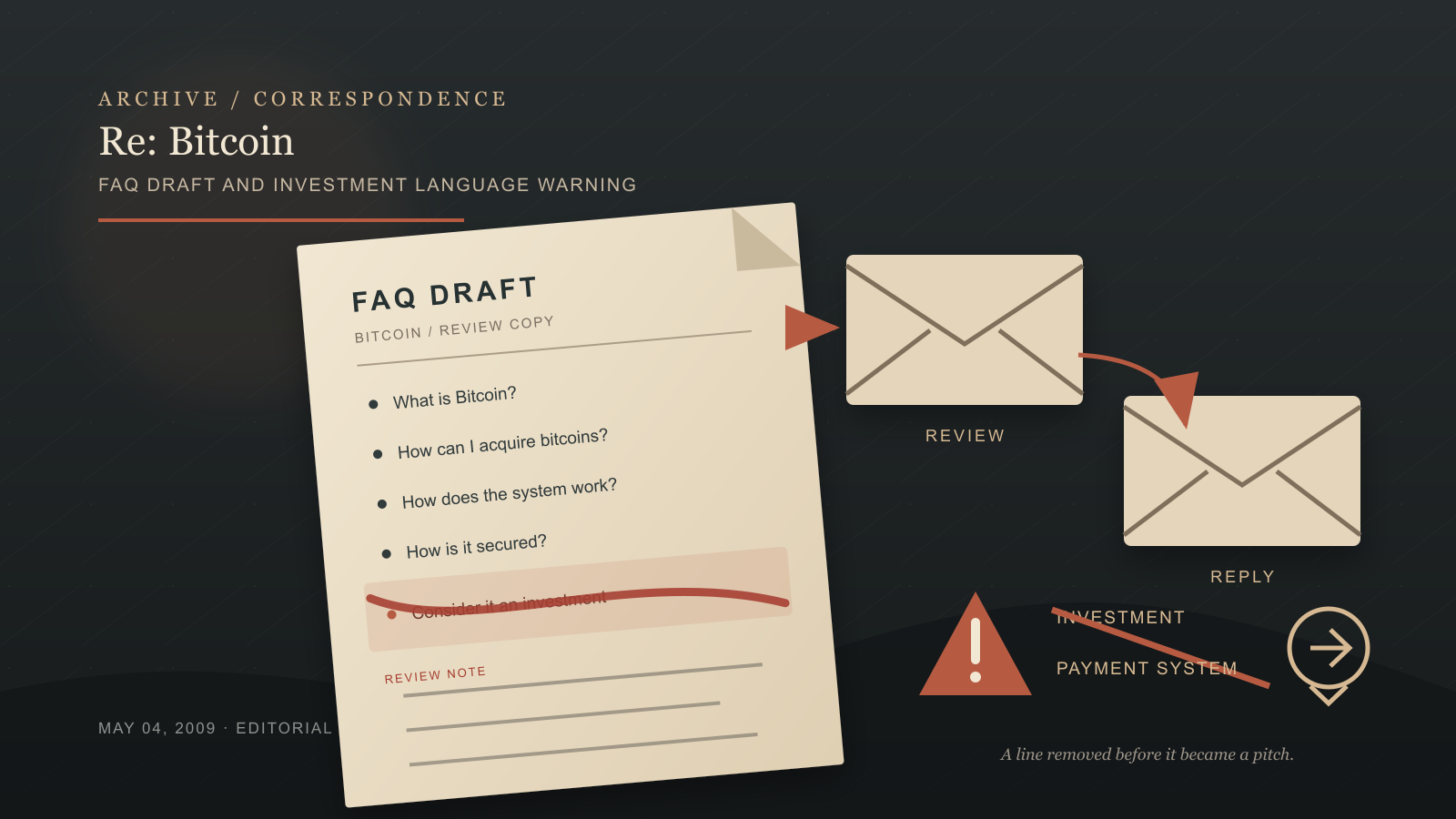 Illustration of a FAQ draft document with one bullet point crossed out in red ink, an arrow pointing to two envelope icons labeled Review and Reply, and a warning triangle beside a crossed-out path leading from an investment label toward a payment-system arrow icon.