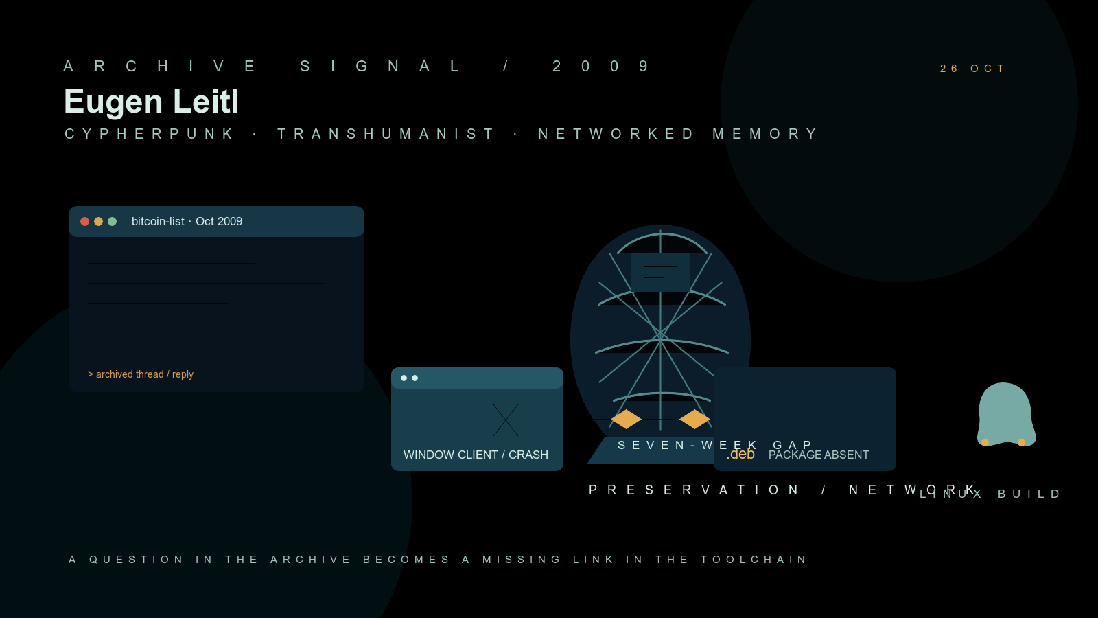 Abstract, faceless illustration for a biography of Eugen Leitl: a dark mailing-list window with muted text lines, a crashed Windows-style client window, an empty dashed-outline software-package box, a faceless rounded silhouette crossed with radiating network lines, and a small abstract penguin-like icon linked across a dashed bridge path.