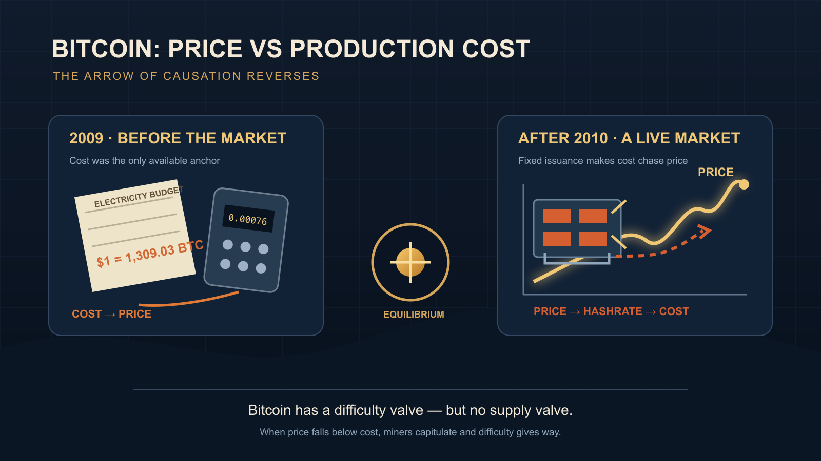 Dark two-panel infographic contrasting an electricity bill and calculator on the left with a mining rig and a rising price chart on the right, linked by a center circular equilibrium icon and directional arrows in each panel.