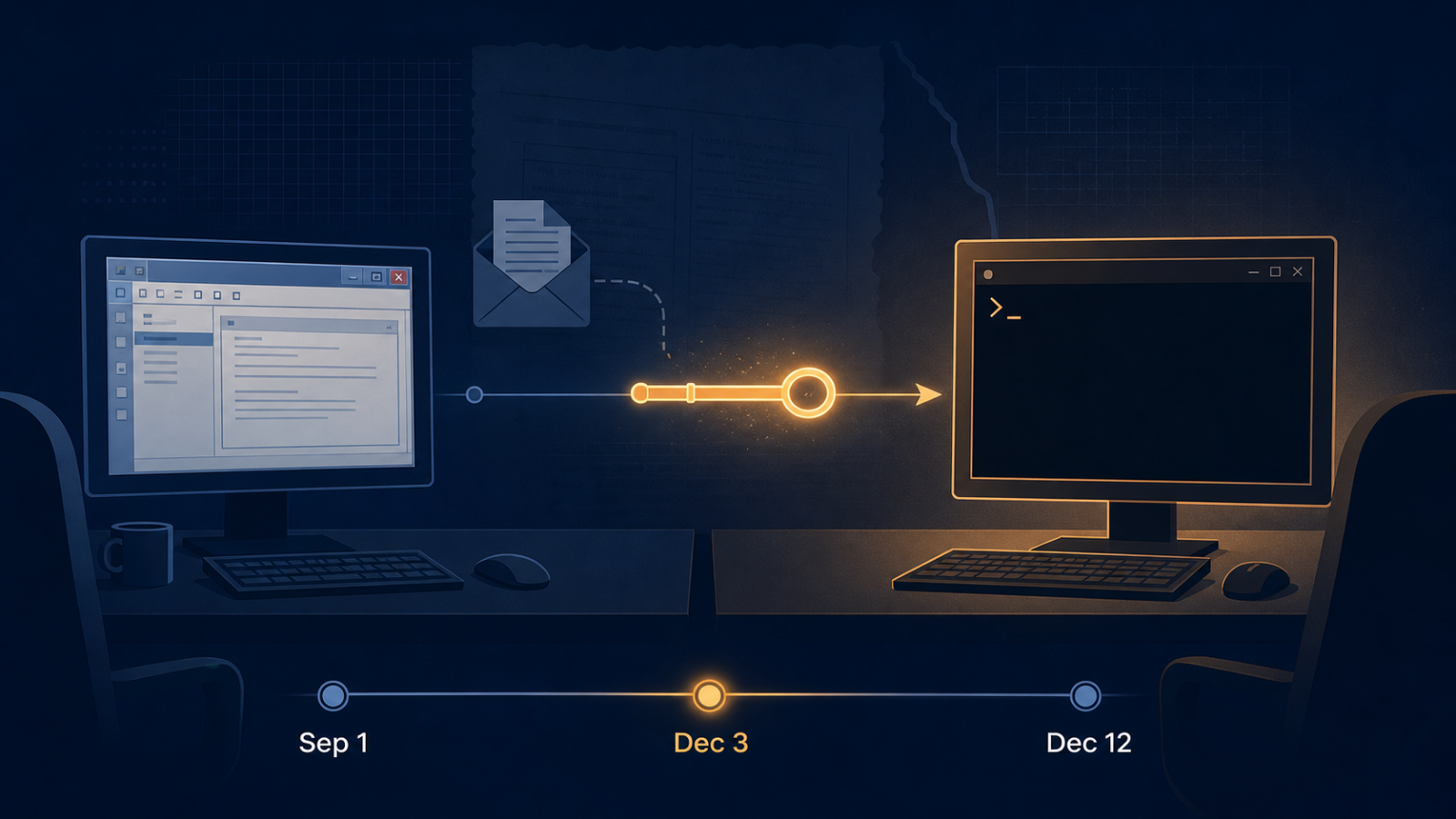 Illustration of two desktop computers -- one showing a Windows-style file window, the other a black terminal window -- connected across a timeline by a glowing key icon passing from one desk to the other, with an envelope icon in between.