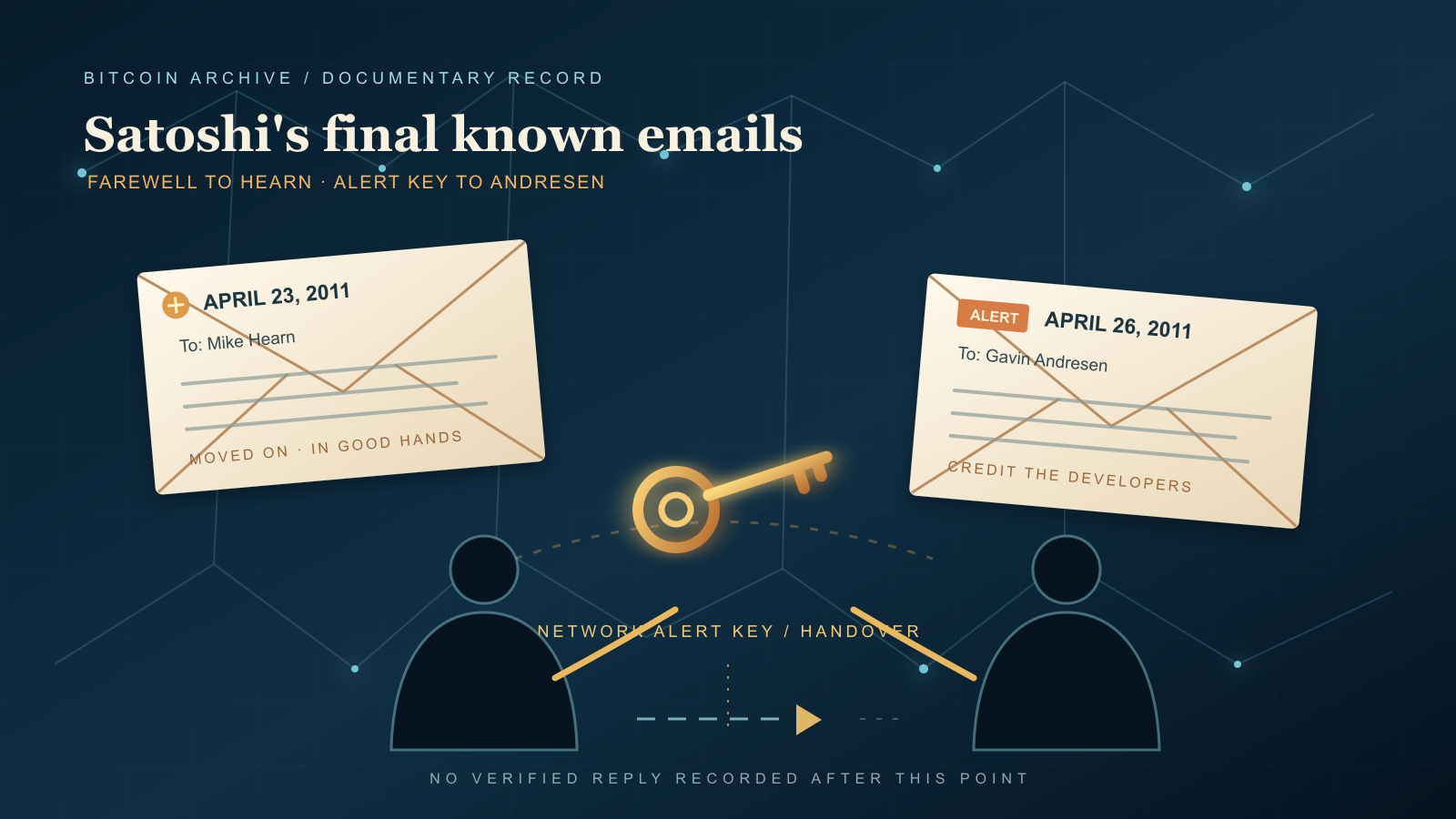 Two envelope icons beside a glowing ornate key passing between two silhouetted figures, set against a dark background with faint connected network nodes.