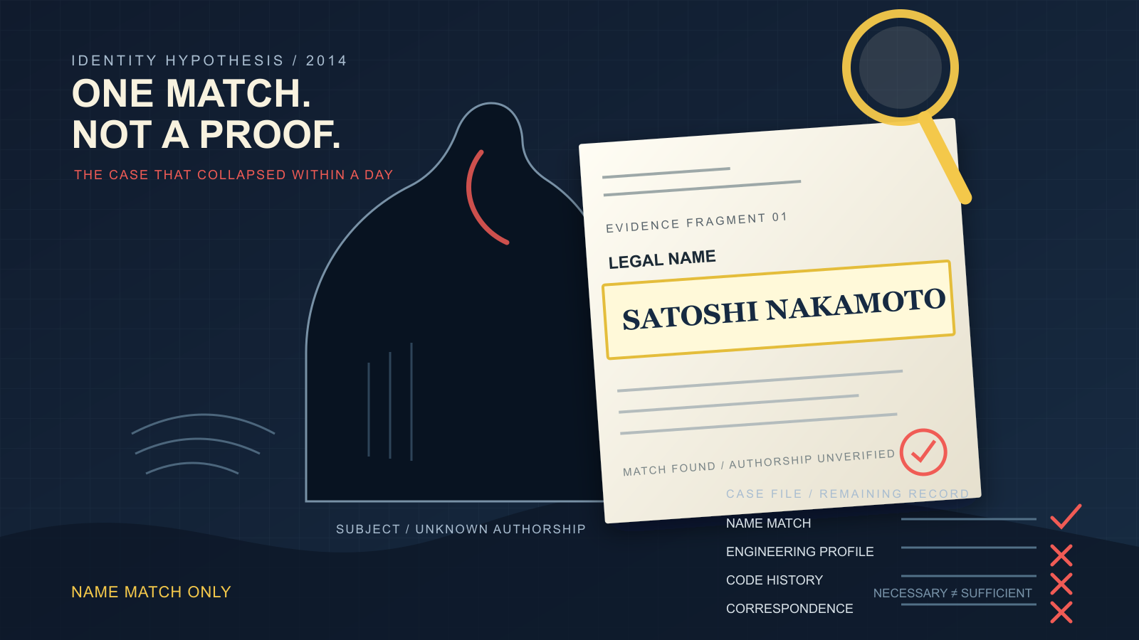 A faceless silhouette stands beside an evidence document highlighting a matched name under a magnifying glass, with a checklist showing one confirmed match and several rejected items.