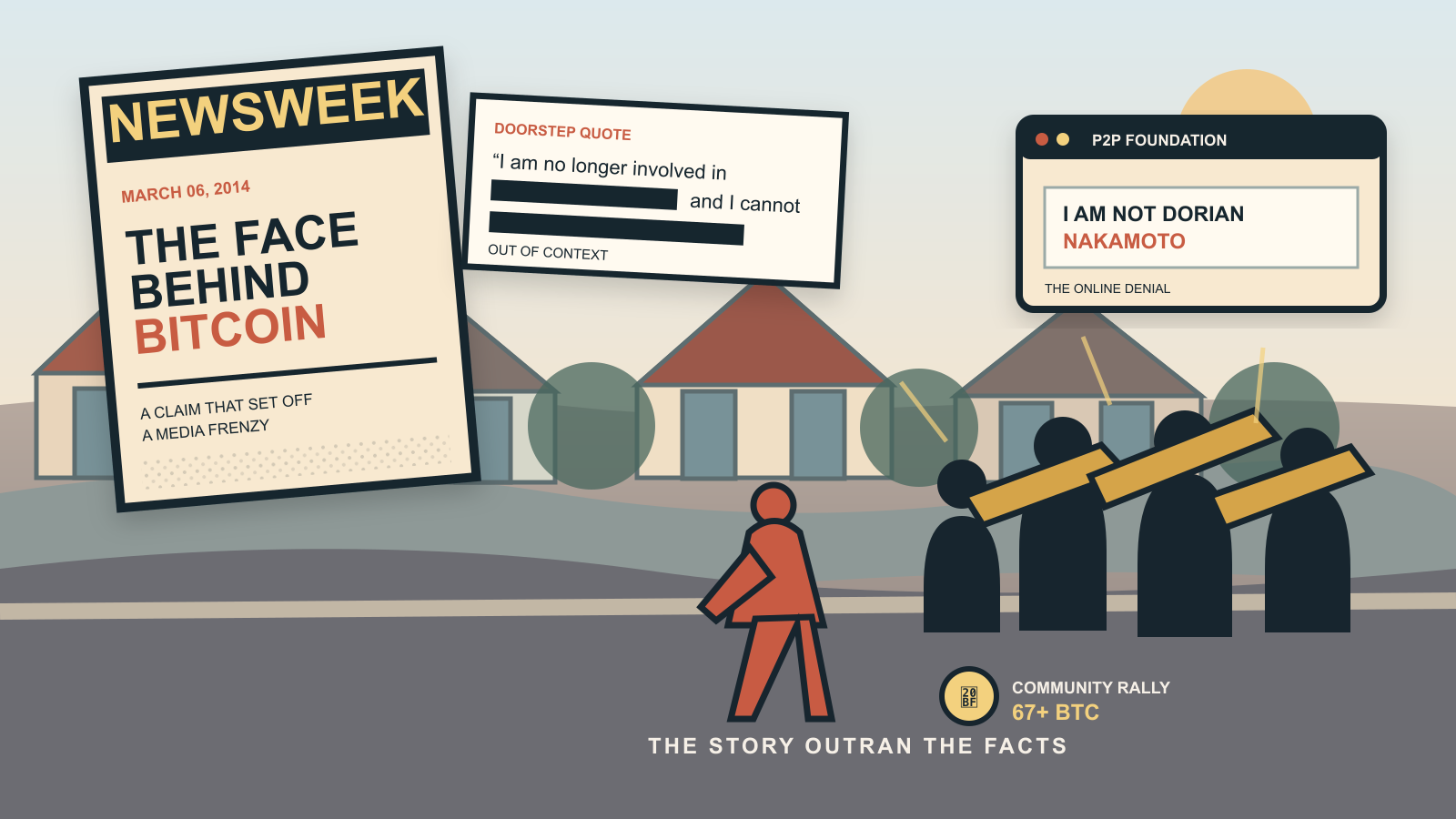A tabloid magazine cover looms over a suburban street of small houses, beside a redacted quote card and an online forum message, as a faceless figure walks away from a line of silhouetted figures holding long camera lenses.