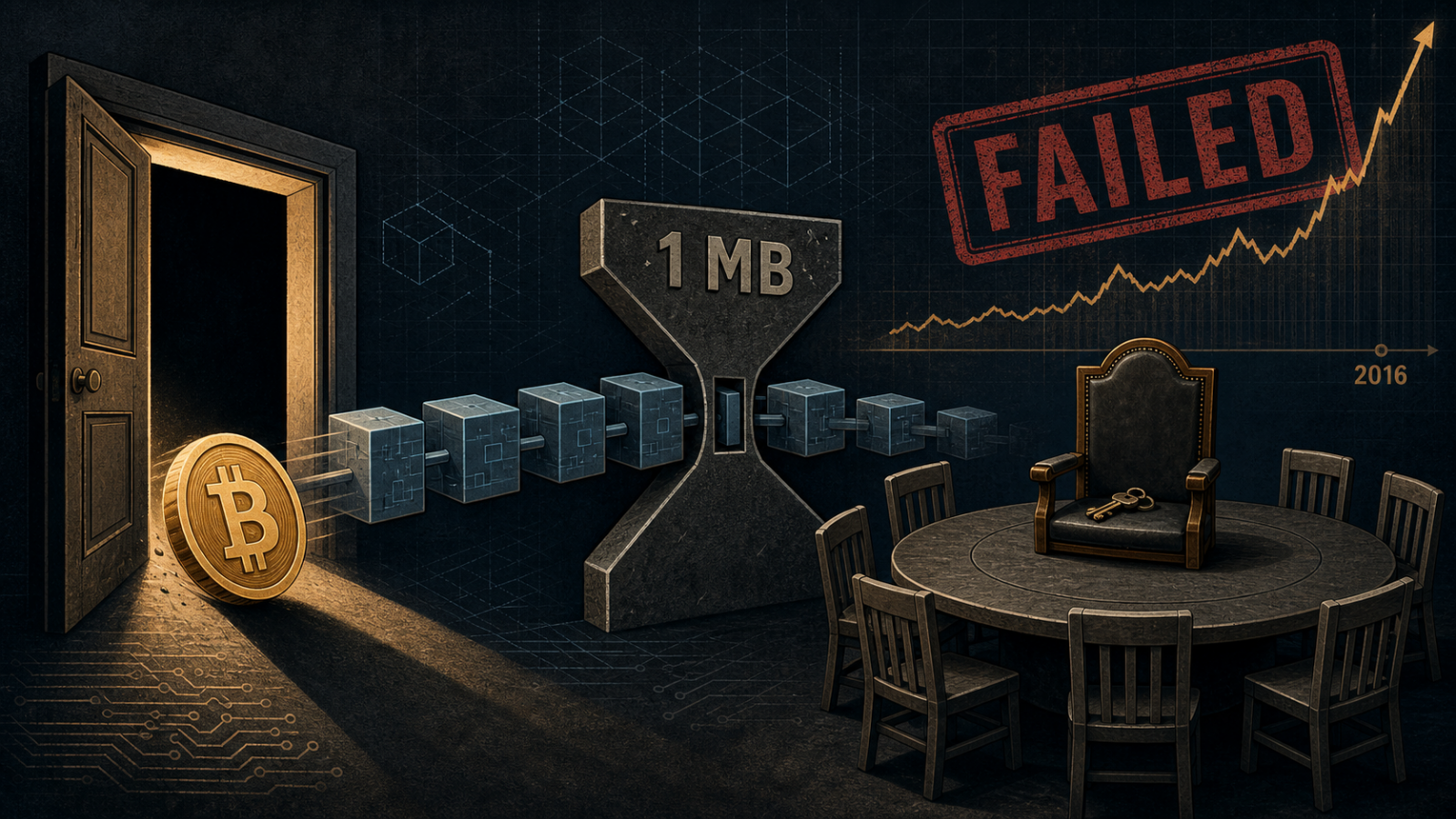 A gold bitcoin coin rolls out through an open doorway, followed by a chain of blocks squeezed through a stone hourglass-shaped bottleneck, beside an ornate empty chair with keys left on its seat at an otherwise full round table, while a rising price chart is crossed by a large stamped rejection mark in the background.