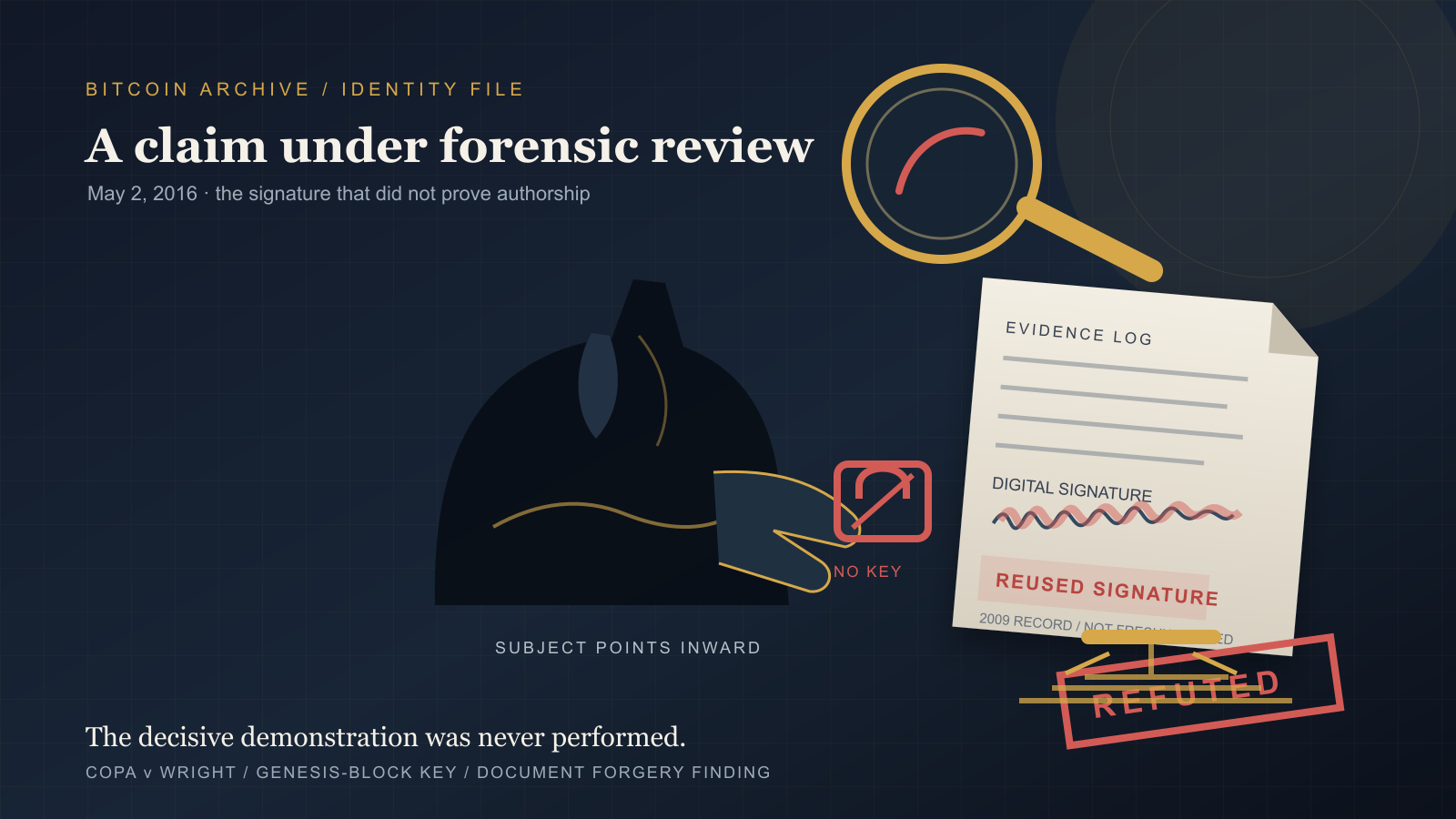Abstract dark illustration for a Satoshi-identity hypothesis: a faceless silhouetted figure reaching a hand toward a crossed-out key icon, a magnifying glass examining a signature mark, and a tilted evidence document with a wavy signature line and a highlighted warning box, overlaid at the bottom right by a red stamp-style verdict mark.