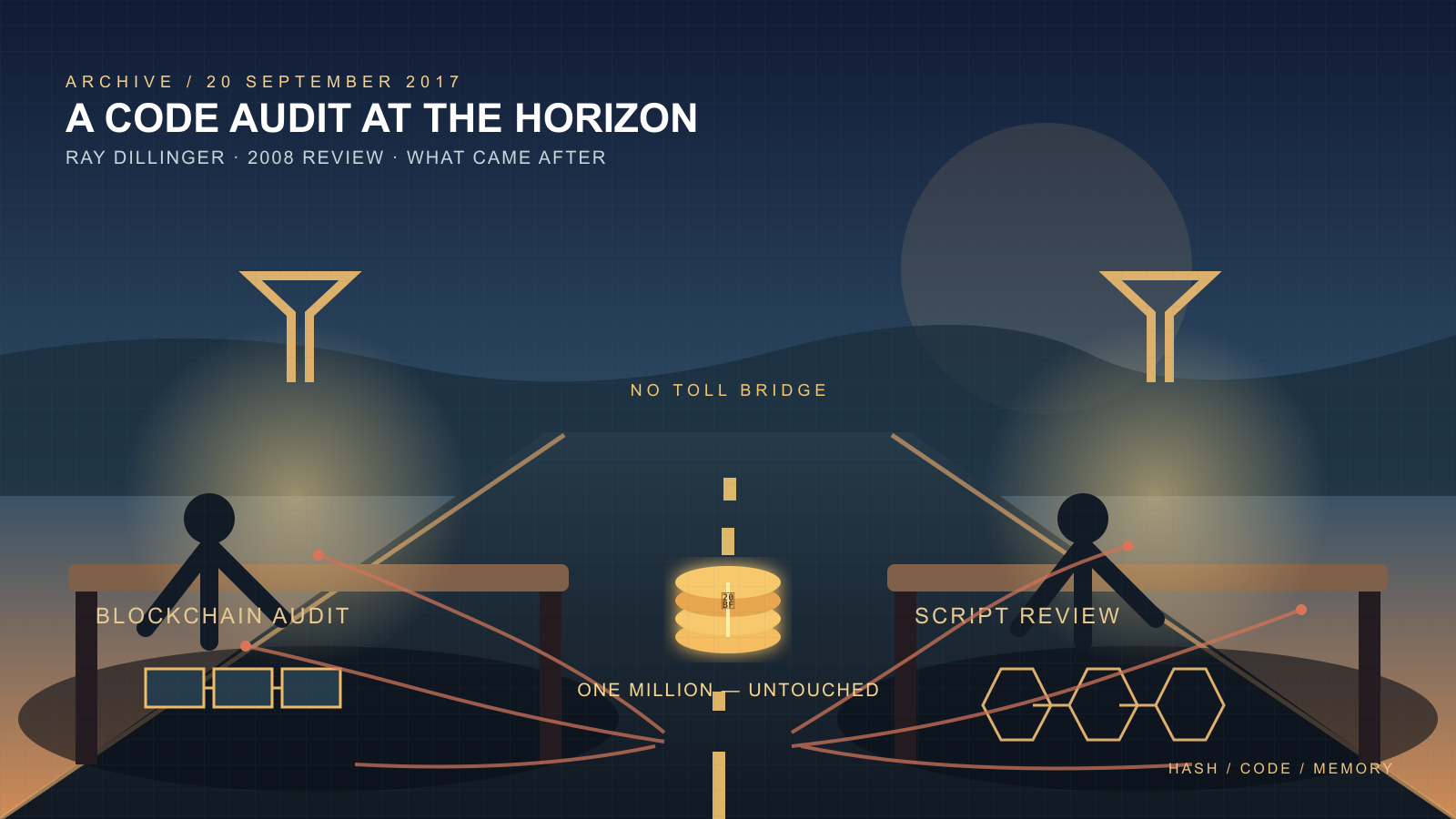 Two silhouetted figures sit at desks flanking an open road at dusk, one examining a row of connected blocks and the other a line of hexagonal symbols, while a glowing stack of coins rests at the center and thin paths branch away toward the horizon.