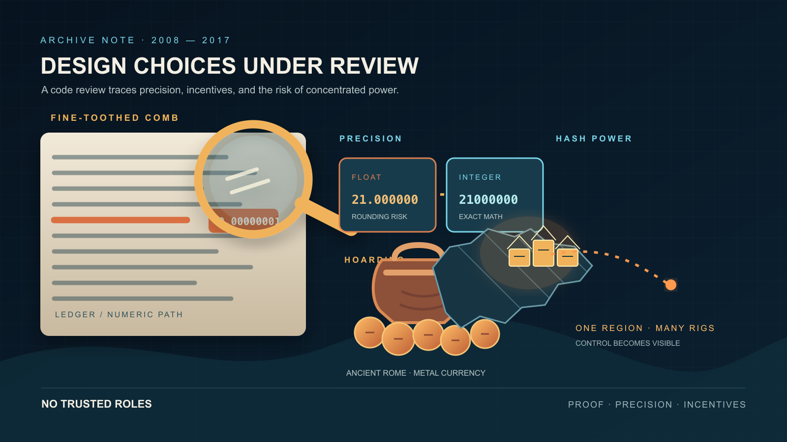 A dark navy infographic in which a magnifying glass inspects rows of ledger text, a decimal value sits beside a whole-number value in bordered boxes, a cracked jar spills coins beside a row of coins, and a glowing cluster of small hardware icons stands out on a stylized map.