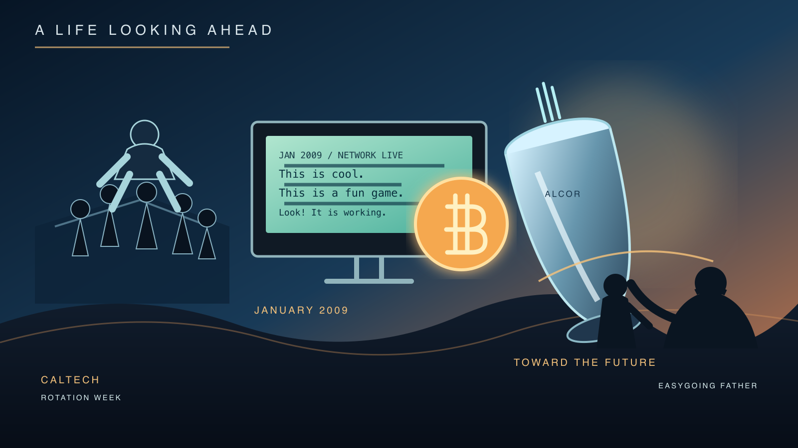 A four-panel illustration on a dark blue background shows silhouetted figures hoisting one person overhead, a glowing computer terminal beside an orange Bitcoin coin, a translucent cryonics capsule lit against a sunset horizon, and two silhouettes standing together at dusk.