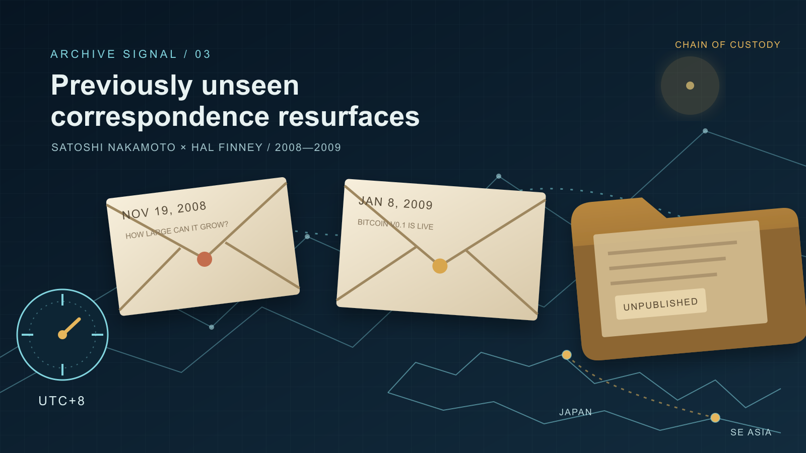 Two aged envelopes marked with 2008 and 2009 dates flank a folder labeled unpublished, above a timezone dial reading UTC+8 and a faint map route linking Japan to Southeast Asia.