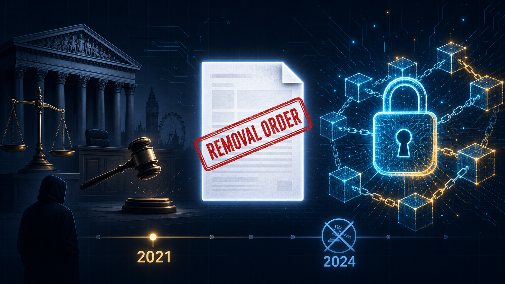 Illustration contrasting a courthouse, scales of justice, and a hooded silhouette beside a stamped document with a glowing digital padlock and blockchain, linked by a timeline running from 2021 to a crossed-out gavel icon in 2024.