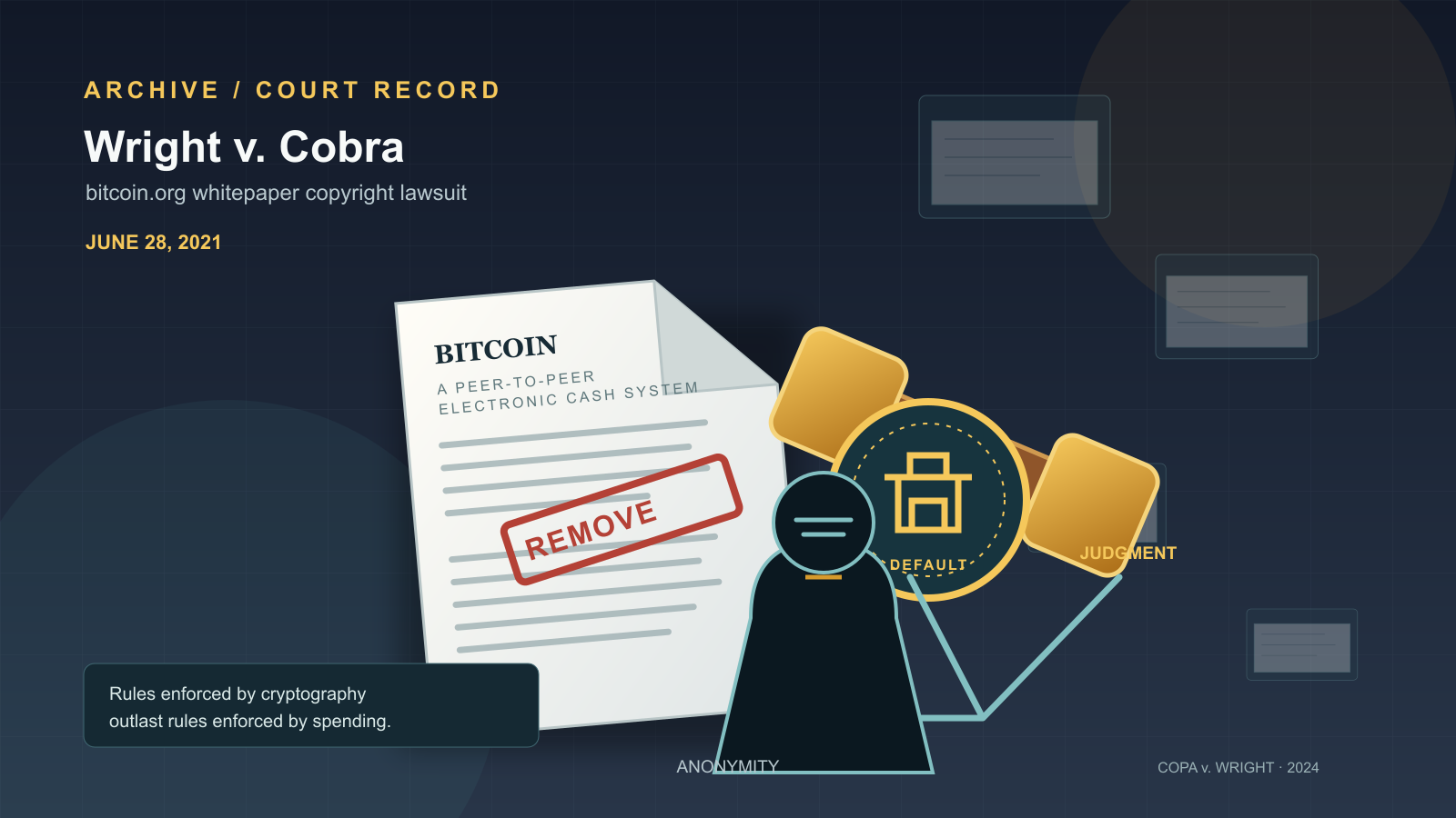 Illustration of a Bitcoin whitepaper document stamped with a removal mark, next to a gavel, a scale-shaped court seal, and a hooded silhouette figure standing before two diverging paths, on a dark navy background.