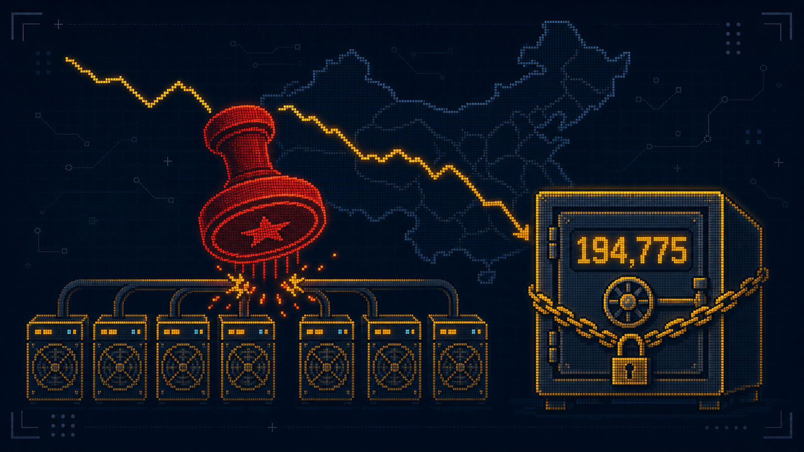 An abstract editorial-infographic composition on a dark-navy background: a red official seal stamping down onto a row of mining-rig icons whose power cords are severed, beside a locked vault glowing around a large numeral 194,775, with a small line chart plunging downward across a faint outline of China.