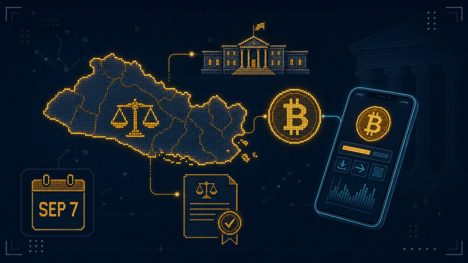 An illustration of a gold-outlined silhouette of El Salvador on a dark-navy background, beside a glowing bitcoin symbol, a small government-building icon, and a smartphone showing a wallet interface, with a faint courthouse silhouette in one corner and September 7 marked on a small calendar icon.