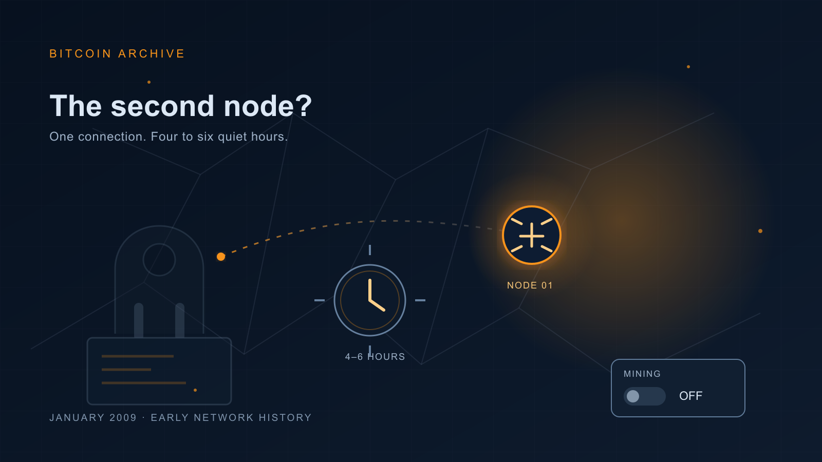 A dark, network-themed illustration showing one glowing node connected by a faint dashed line to a distant second node, beside a clock face and a switch shown in the off position.