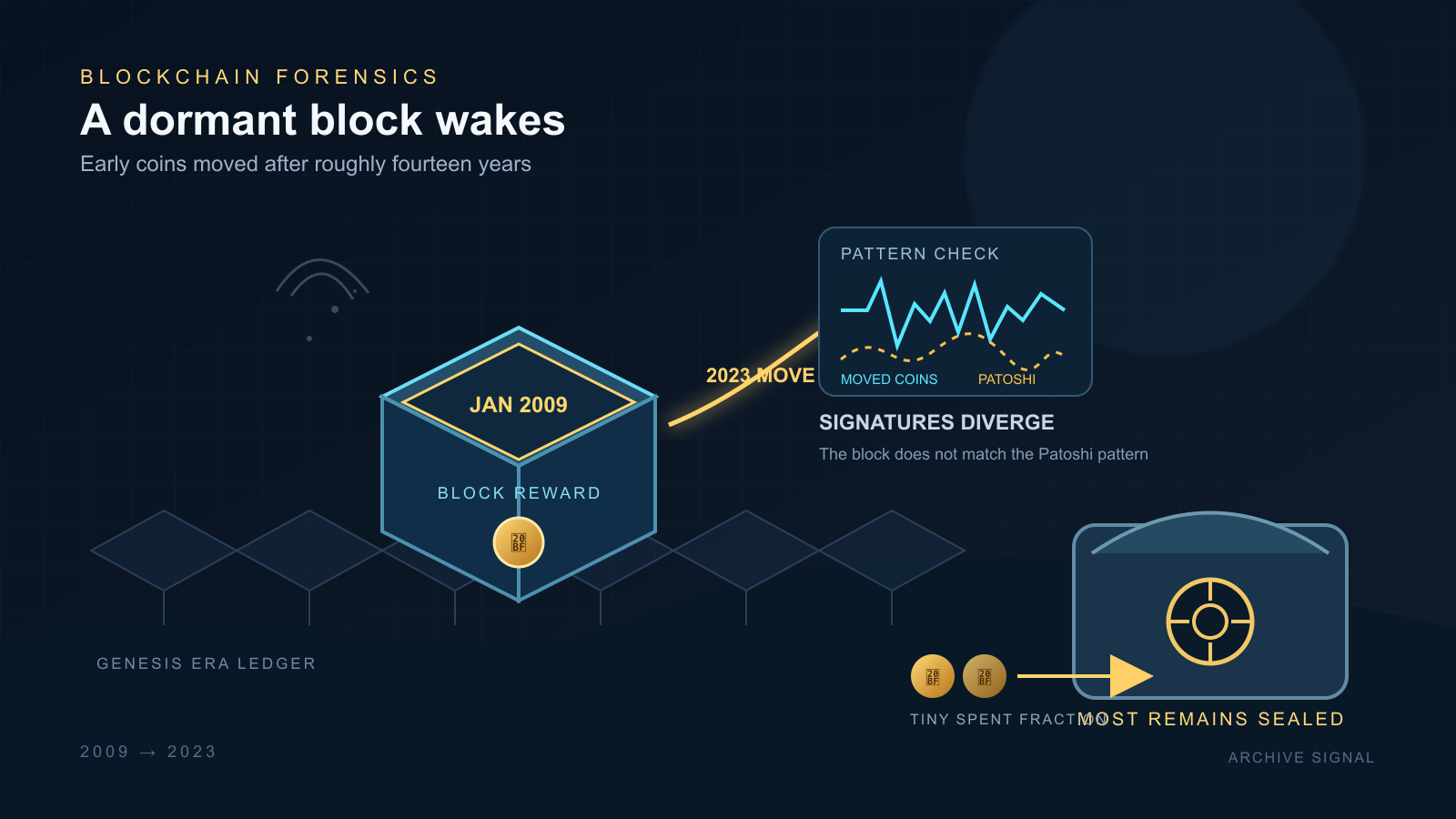 An illustration of a glowing early blockchain block linked to a chart showing two diverging wave patterns, beside a vault releasing a few coins toward a target icon.