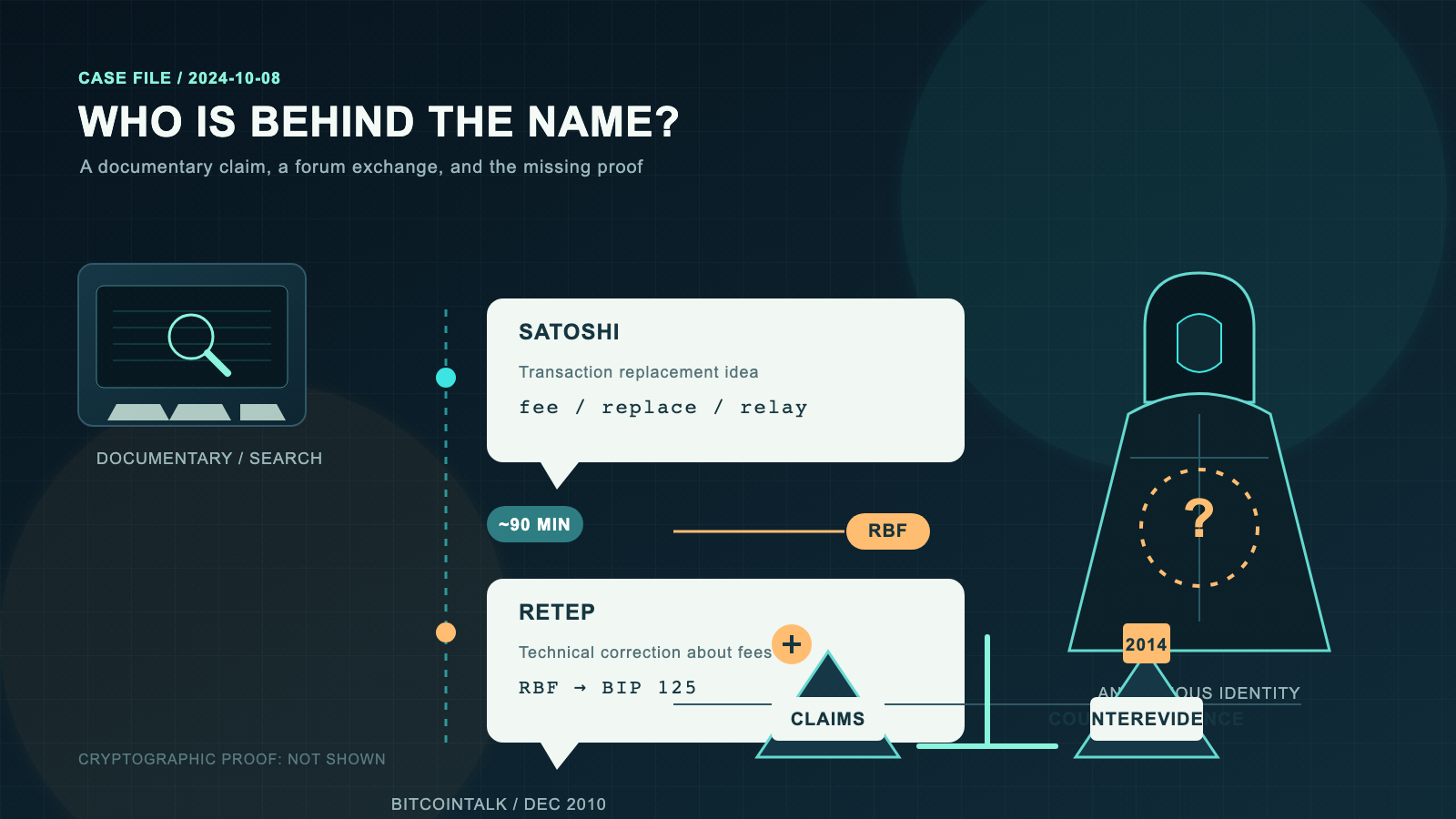 A dark navy infographic-style illustration featuring a screen with a magnifying glass over document lines, two speech-bubble message cards linked along a timeline with a short time-gap marker between them, and a hooded silhouette with a question mark on its chest beside a small balance-scale icon.