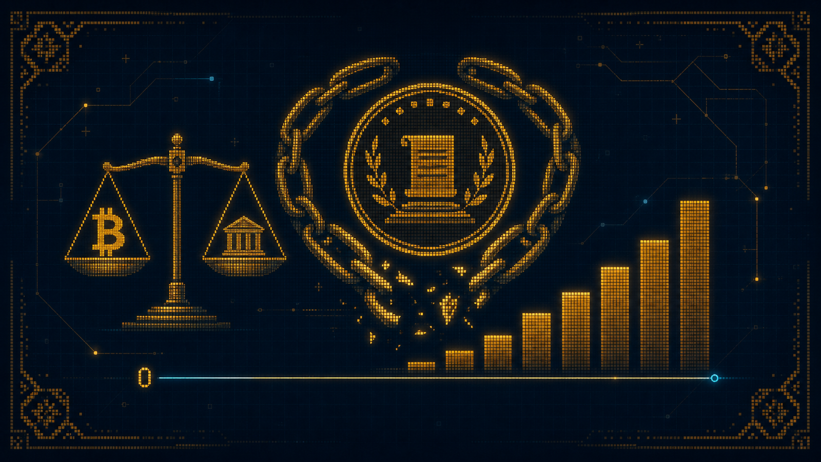 Editorial infographic on a dark navy background: a legislative seal stamped over a broken chain link, a bitcoin symbol on one side of a balance scale weighing against a small government-building icon on the other, a rising stepped bar chart in gold beside a flat line marked with a zero, and a thin dashed border evoking a national flag in one corner.