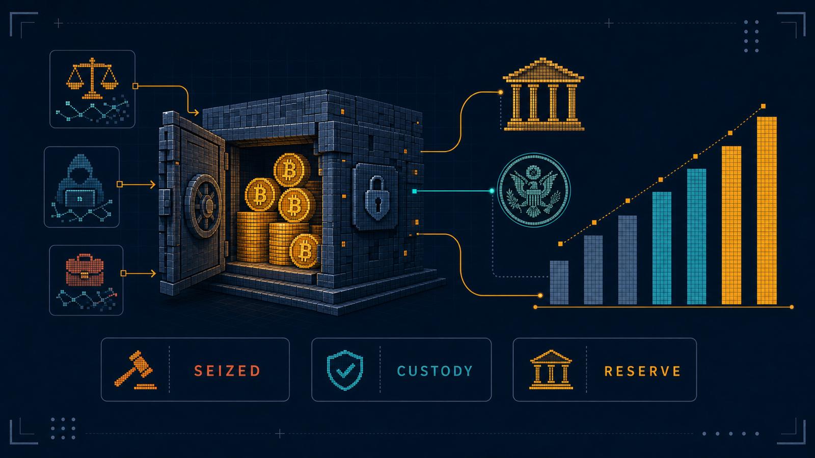 Abstract editorial-infographic composition on a dark-navy background: a vault-shaped block holds a cluster of coins, connected by radiating lines to a courthouse-column icon, a government-seal icon, and a rising bar chart.