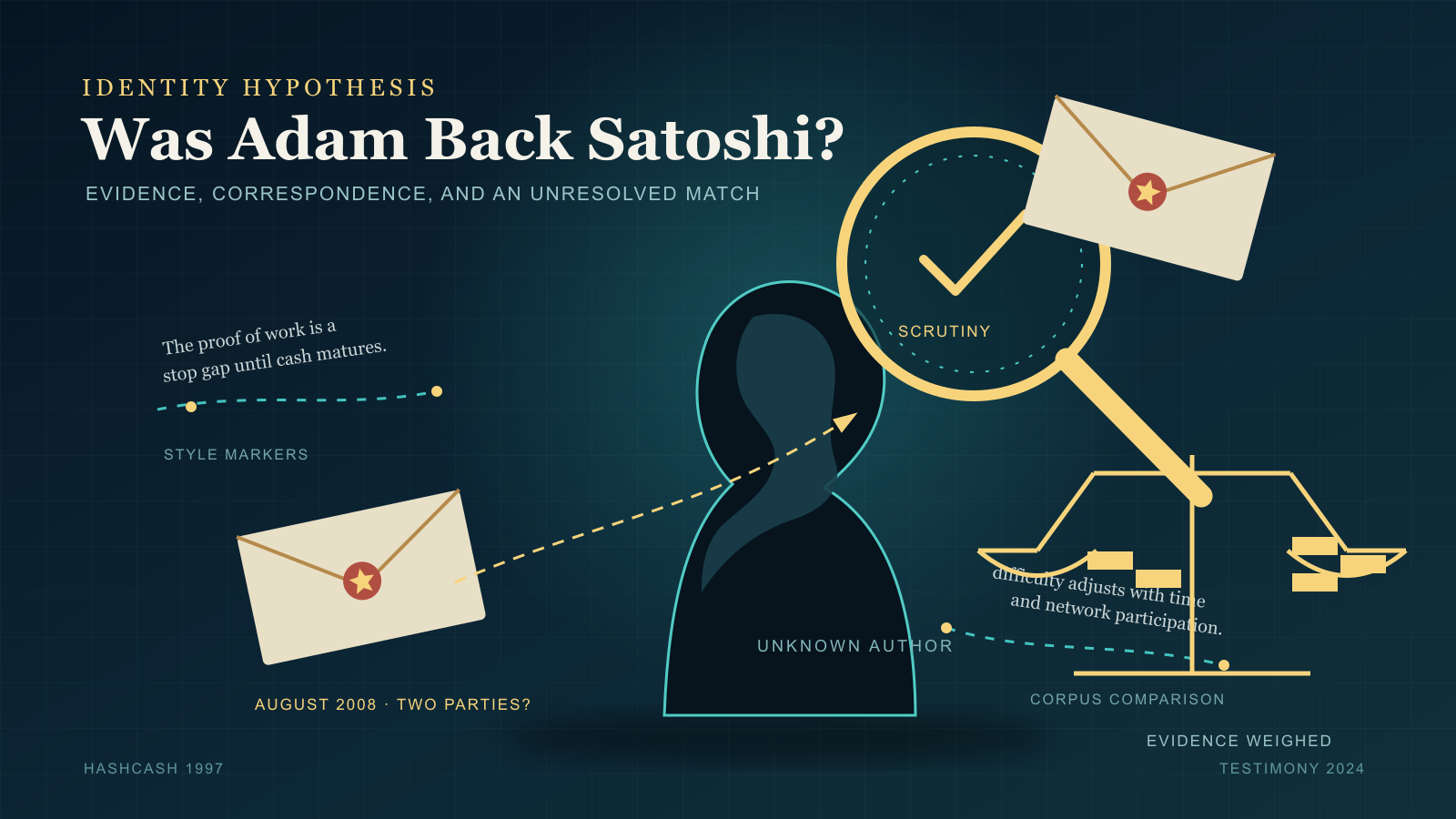 A magnifying glass labeled "scrutiny" hovers beside a featureless dark silhouette, with two wax-sealed letters and a balance scale connected by dashed lines to handwritten style-marker quotes, on a dark teal background titled "Was Adam Back Satoshi?"