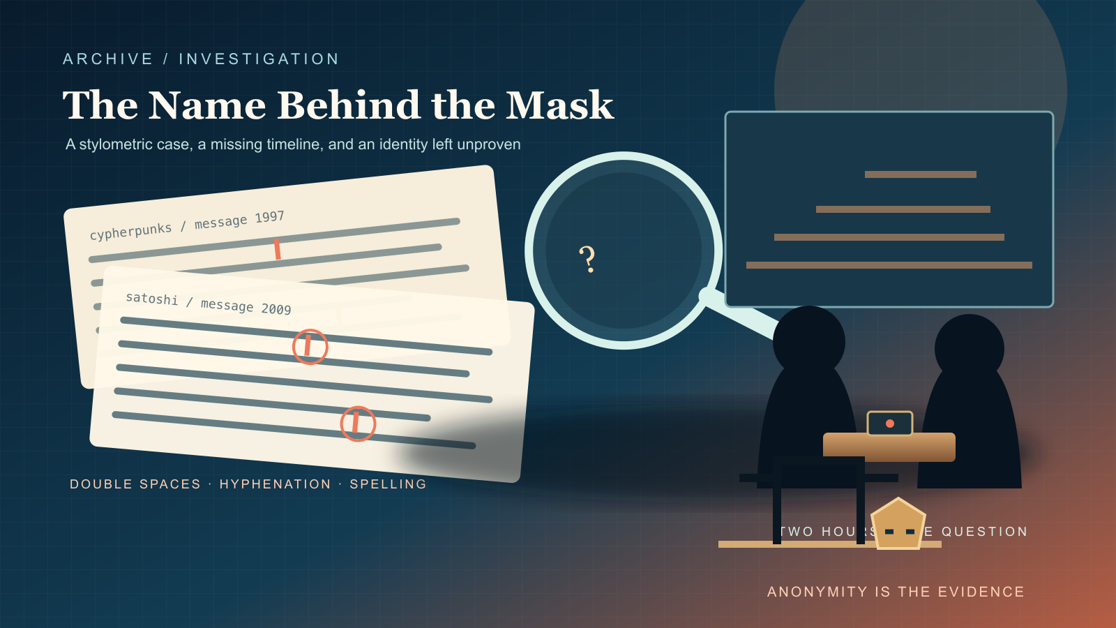 Two overlapping typewritten documents with circled matching marks sit beside a magnifying glass hovering over a lined note board, while two faceless silhouetted figures sit across a small desk in a dim room, a small mask resting beside an empty chair in the foreground.