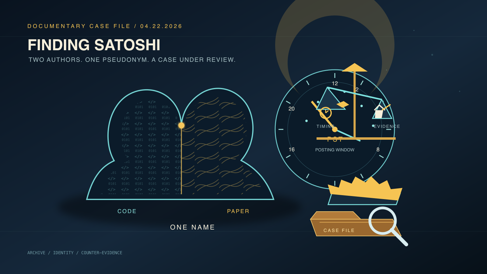 A dark illustration showing two silhouetted busts merging into a single profile — one half filled with code-bracket glyphs, the other with flowing quill-line strokes — beside a round clock face with a shaded time-window arc, an uneven balance scale, and a folder with a magnifying glass, rendered in teal, gold, and cream on navy.