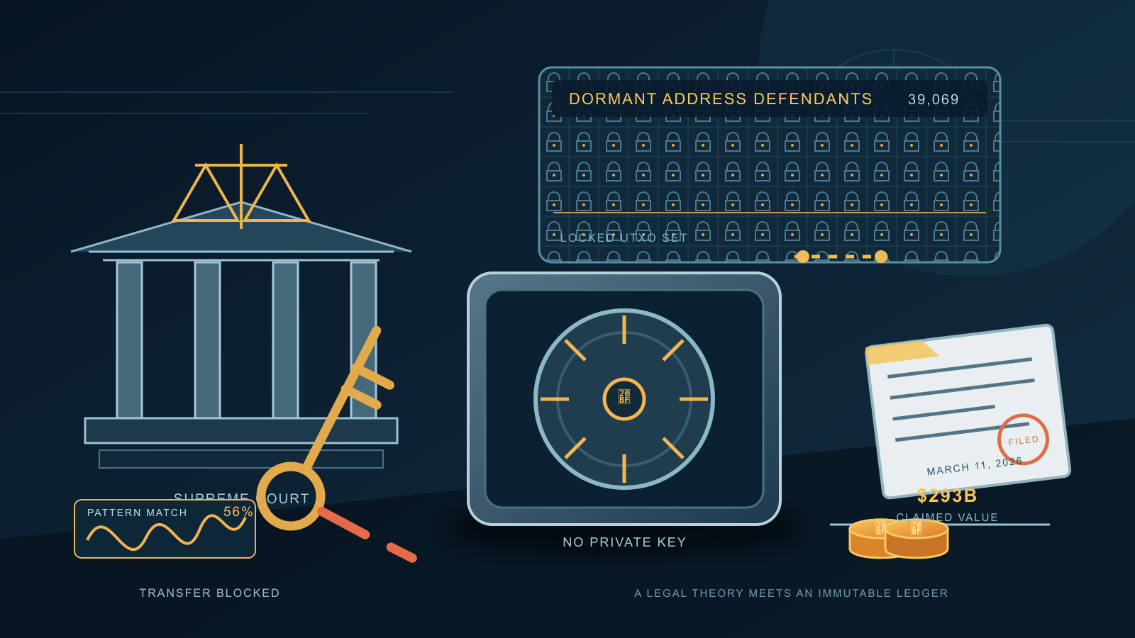 A courthouse with scales of justice and a broken key stands beside a grid of padlock icons, a sealed vault holding a single Bitcoin token, a stamped legal filing, a stack of coins, and a small percentage chart, all on a dark navy background.