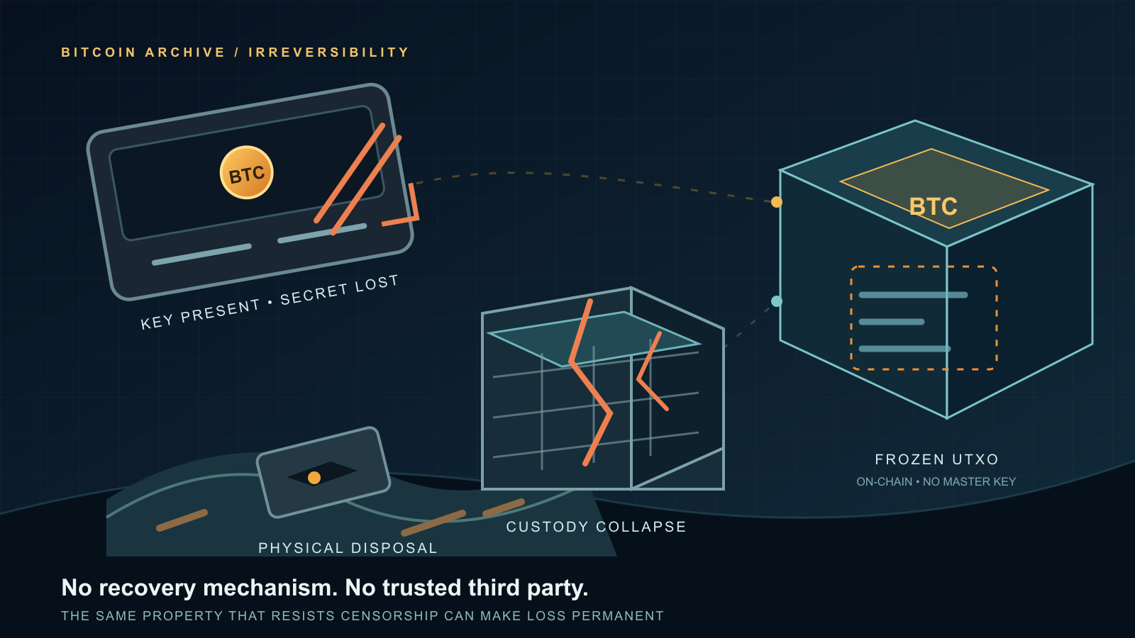 Dark illustration of a keycard labeled "key present, secret lost," a discarded hardware device on a landfill mound labeled "physical disposal," a cracked vault labeled "custody collapse," and a sealed cube labeled "frozen UTXO," connected by dashed lines under the heading "no recovery mechanism, no trusted third party"
