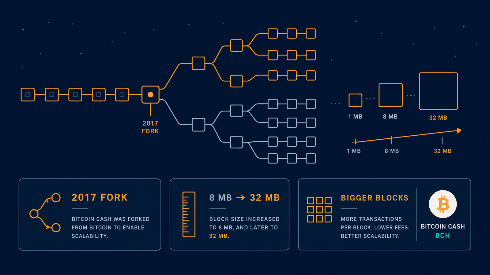 Editorial infographic on a dark background: a single chain forking at a branch point, that branch forking twice more further along, beside a block-size scale whose square frame widens in visible steps, with three caption boxes along the bottom.