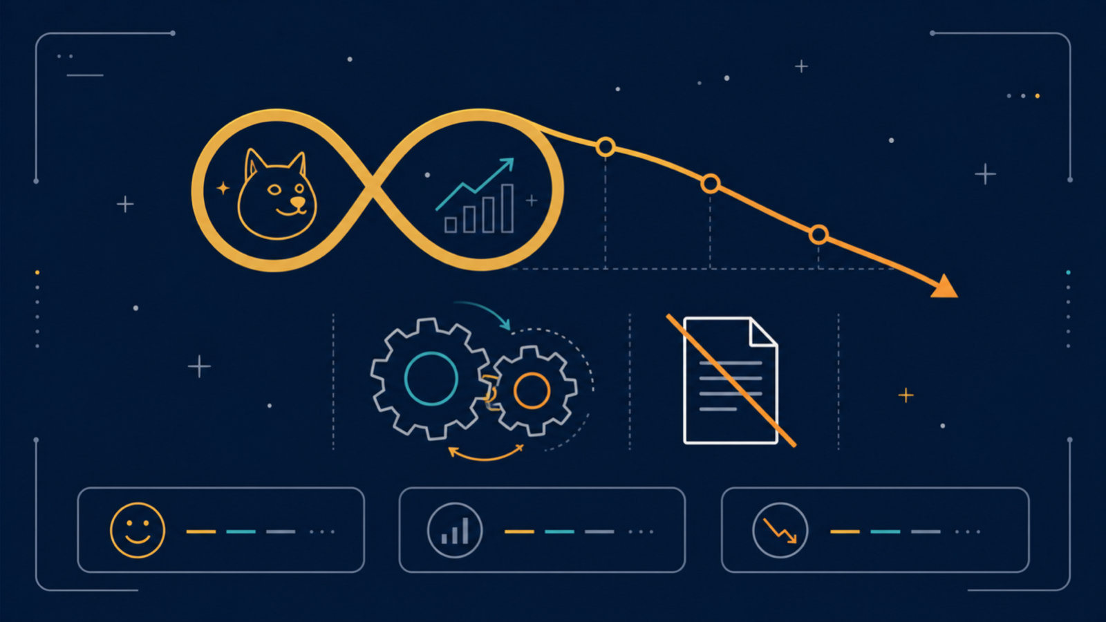 Editorial infographic on a dark background: a rounded infinity symbol curving into a downward-sloping line, two interlocking gears, a blank document icon crossed out with a diagonal line, and three caption boxes along the bottom.