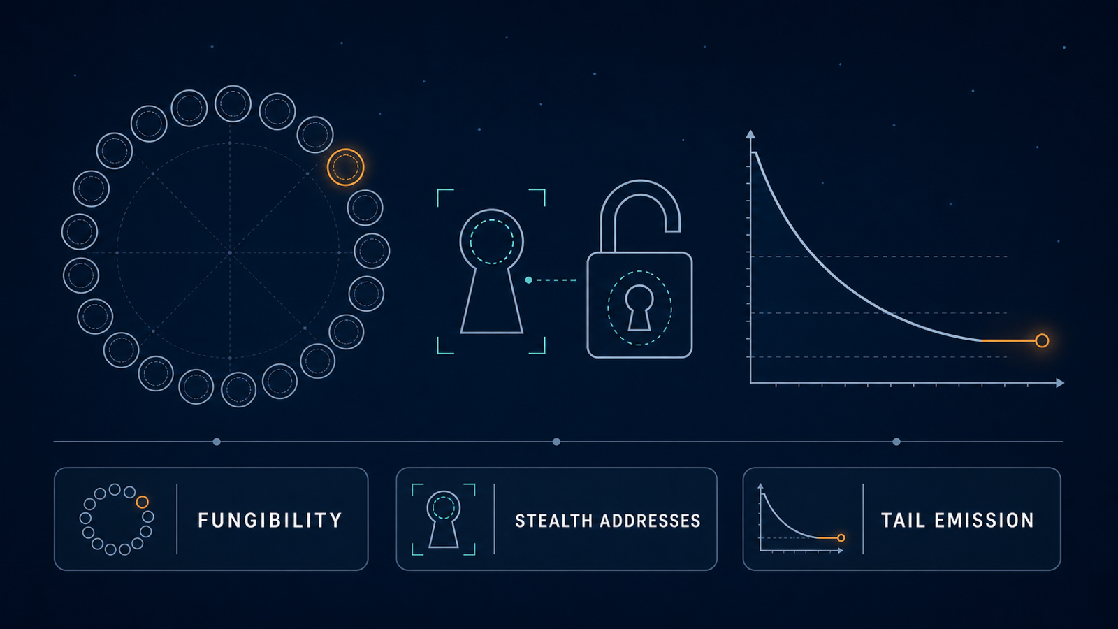 Editorial infographic on a dark background: a ring of near-identical circles with one faintly distinguished among equals, a small keyhole-shaped stealth-address glyph beside an open padlock outline, an emission curve declining and then flattening into an unbroken horizontal line running off the right edge, and three caption boxes along the bottom.