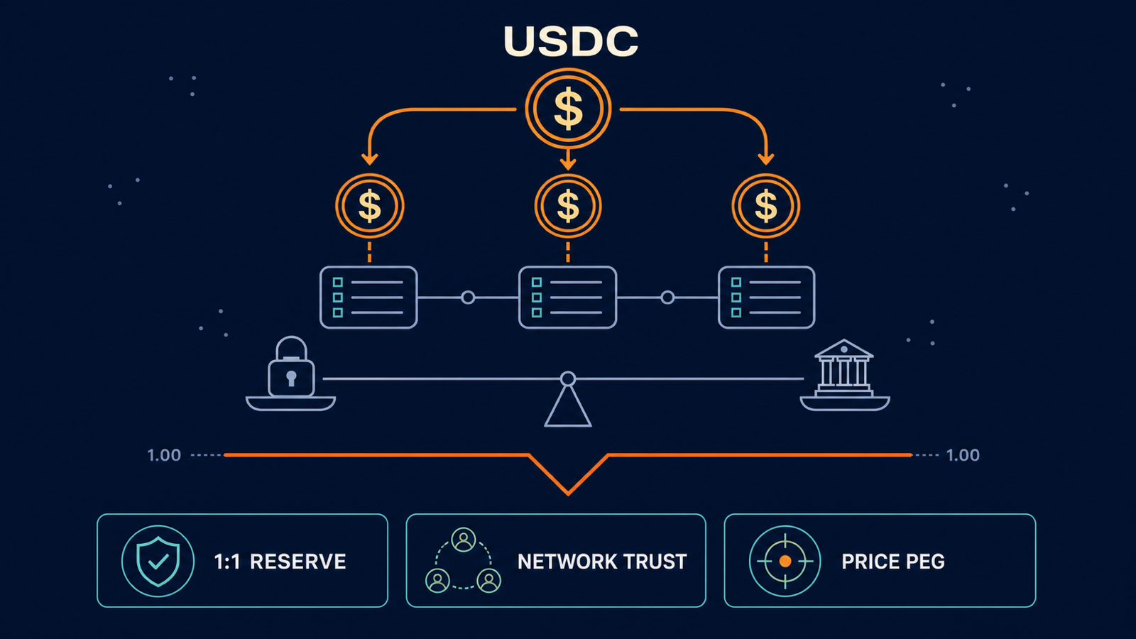 Editorial infographic on a dark background: a single dollar-sign token splitting into identical copies across three linked ledger nodes, a balance scale weighing a padlock against a bank-column icon, a flat horizontal price line that notches sharply downward once and climbs back, and three caption boxes along the bottom.
