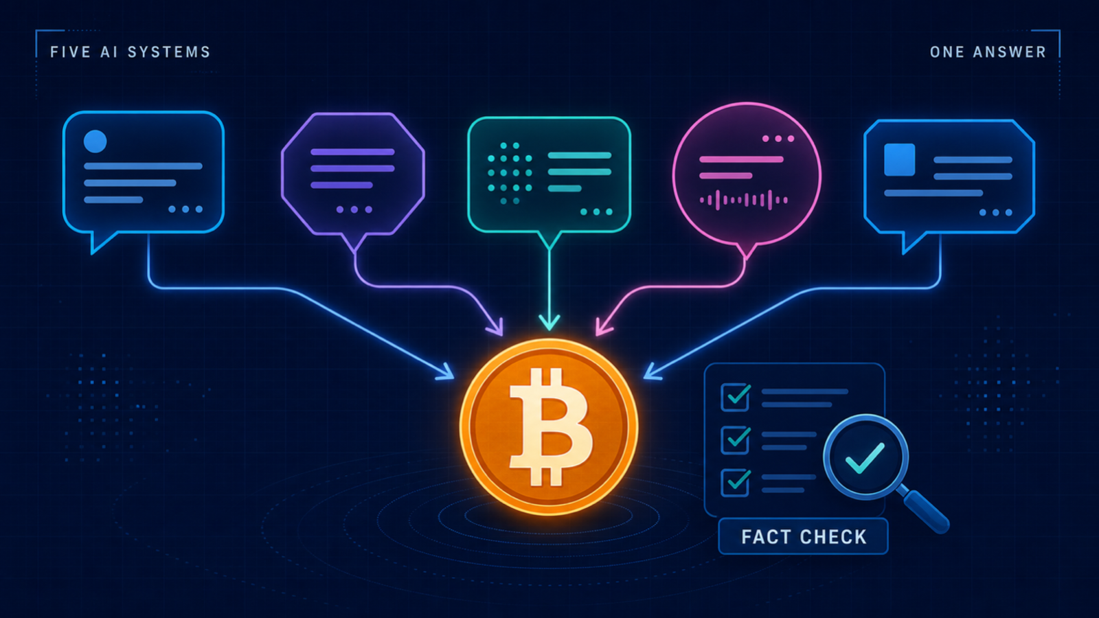 A dark navy infographic showing five abstract, unlabeled chat-window icons in a row, each in a different color and shape, all five arrows converging on a single orange bitcoin symbol at the center, with a magnifying glass over a checklist beside it representing fact-checking.