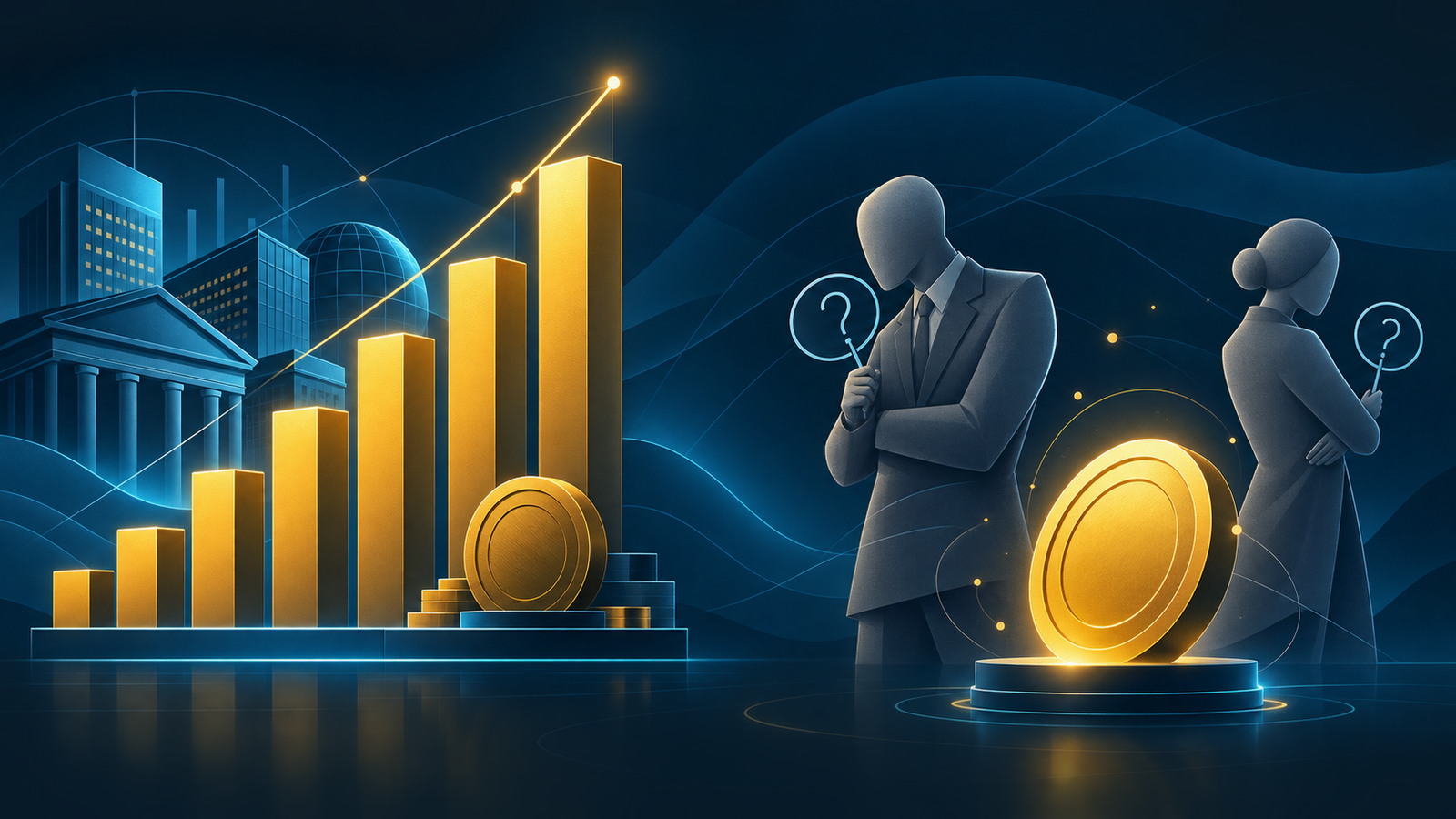 濃紺の背景を左右に分けた図。左側には機関投資家によるビットコイン保有量を示す金色の棒グラフが右肩上がりに伸び、右側には疑問符を掲げた二つの灰色の人影がビットコインのコインから顔を背けている、経済学者の懐疑を示す構図。
