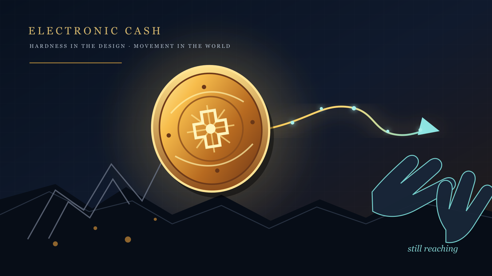 A glowing gold coin sends a luminous line toward an open hand, beneath the words "Electronic Cash"