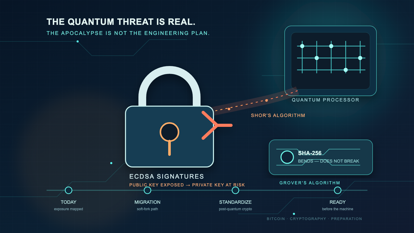 A padlock representing Bitcoin's ECDSA signatures being cracked by a quantum processor, next to a timeline of post-quantum migration milestones