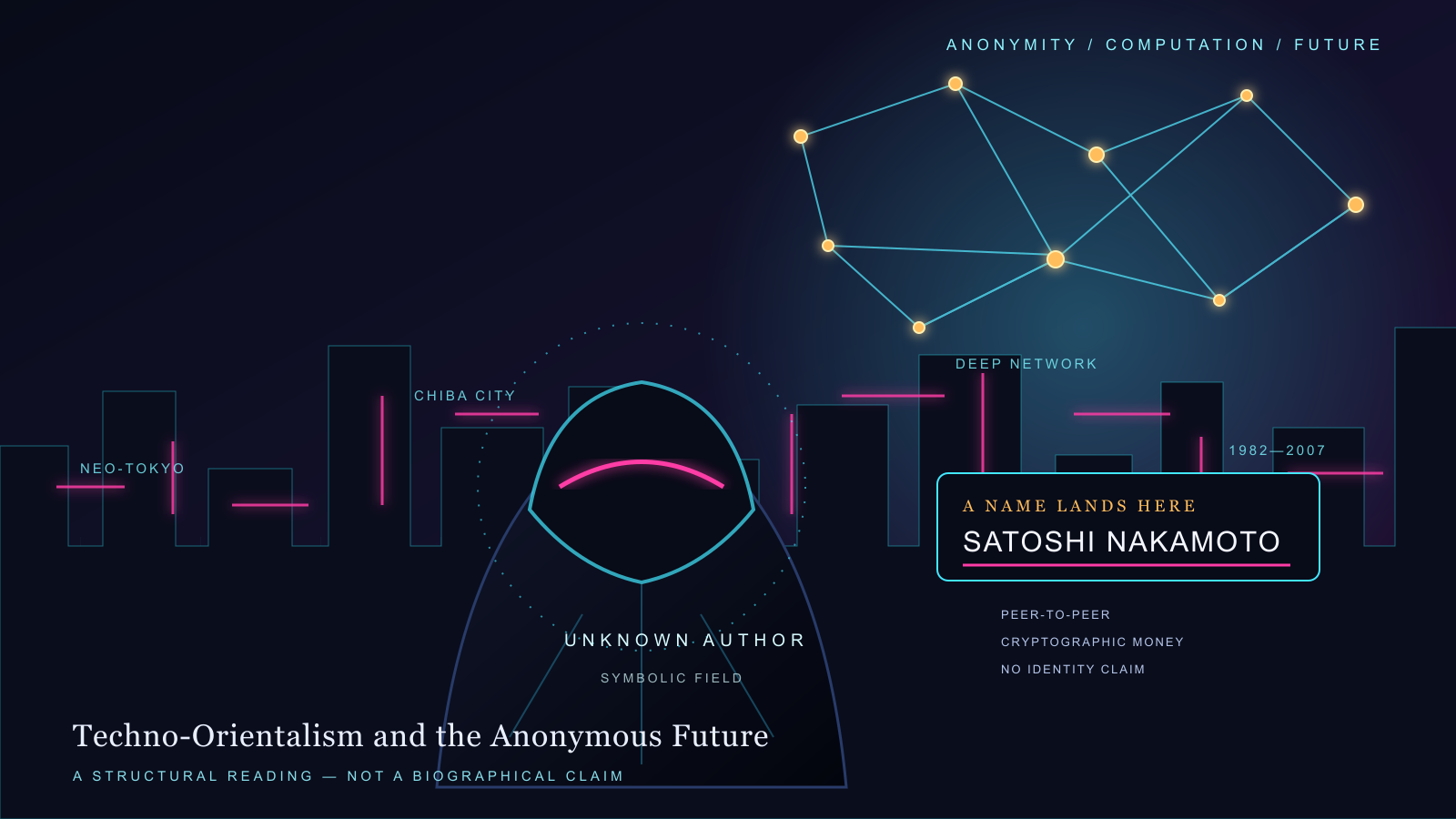 A faceless, hooded figure stands before a Neo-Tokyo/Chiba-City-style skyline, with a network-constellation diagram above and a "Satoshi Nakamoto" name card beside it