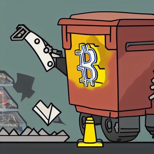 A cartoon illustration of a robot resembling a mailbox or trash compactor, with a glowing Bitcoin logo on its chest and one mechanical arm raised in a checkmark gesture, standing on a traffic cone next to a stack of open storage bins.